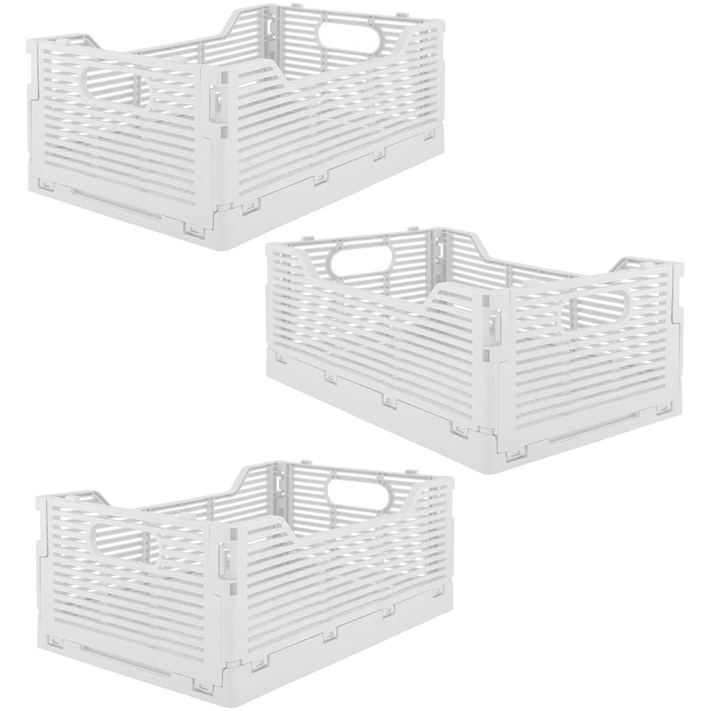 Stackable Folding Storage Crate - White Medium (3-Pack) for Desk Organization, Beauty Supplies & Closet Storage - Perfect for Home, Office & Dorm Room Organization