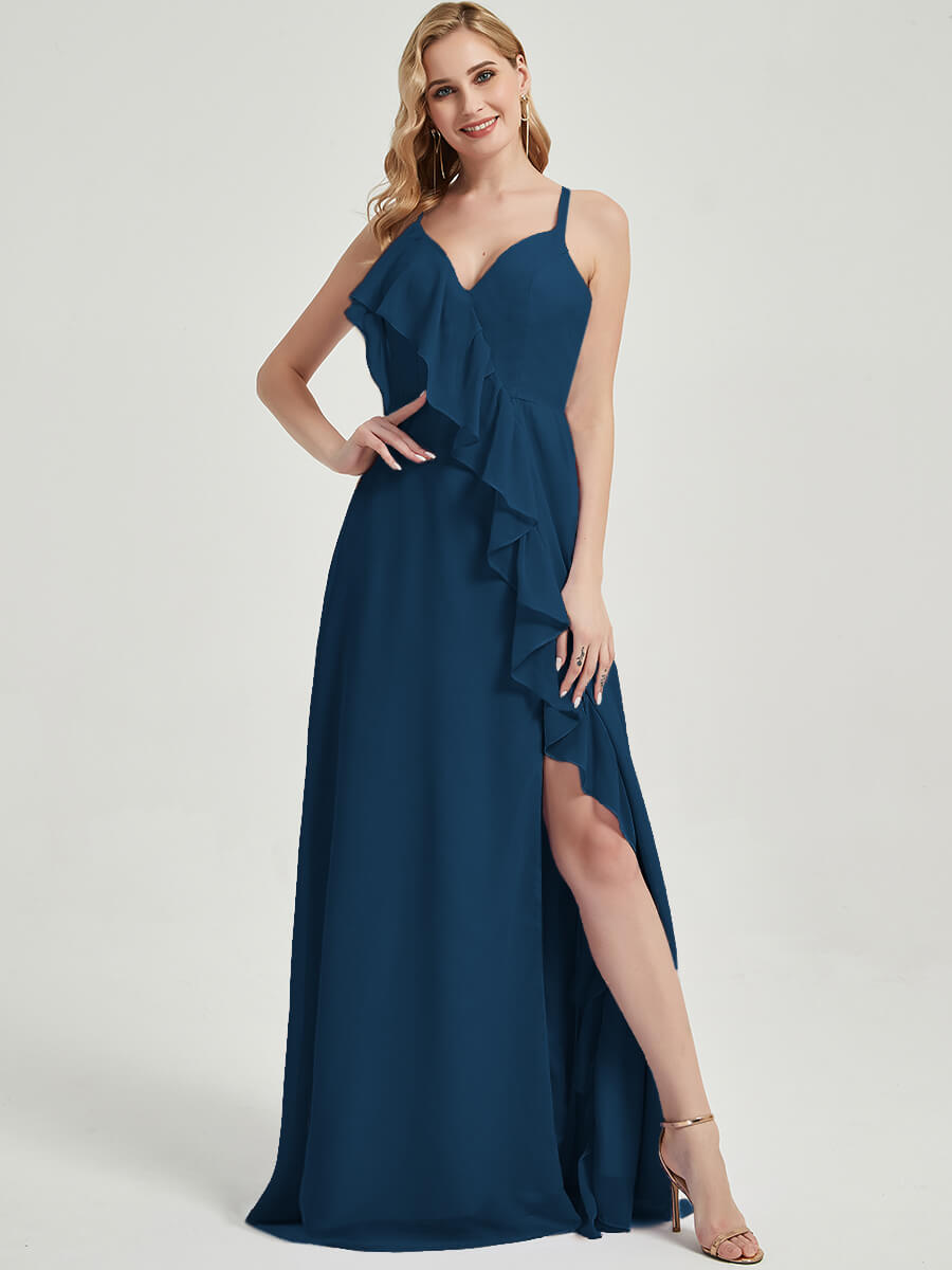 Elegant Ink Blue Chiffon Maxi Bridesmaid Dress with Criss Cross Straps, Ruffles & High Slit - Perfect for Weddings, Prom & Formal Events