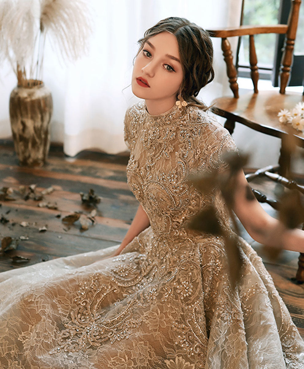Elegant Champagne High Neck Lace Prom Dress for Women - Formal Evening Gown for Homecoming, Wedding, and Special Occasions