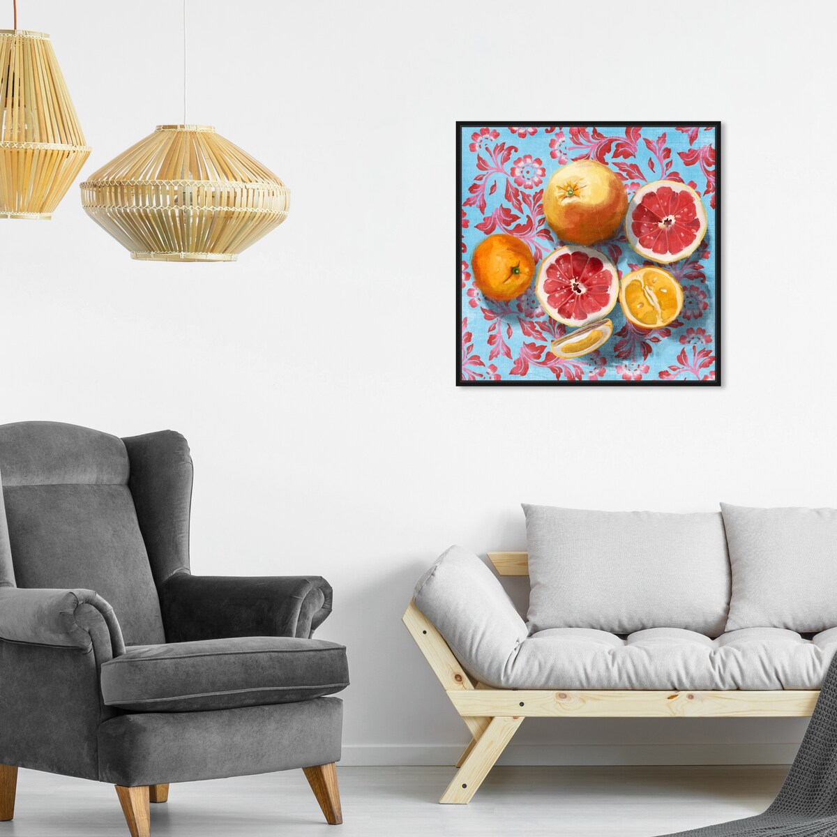 Tropical Citrus Still Life Blue Framed Canvas Wall Art Print - Sour Fruit Kitchen Decor for Cabin & Lodge - Perfect for Farmhouse, Dining Room & Country Style Homes