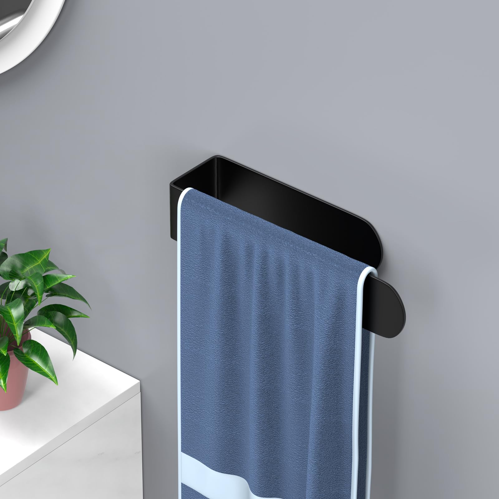 HUFEEOH Black Stainless Steel Self-Adhesive Hand Towel Holder - Wall Mount Bathroom Towel Bar for Kitchen, Bath & Dorm - No Drill Easy Installation