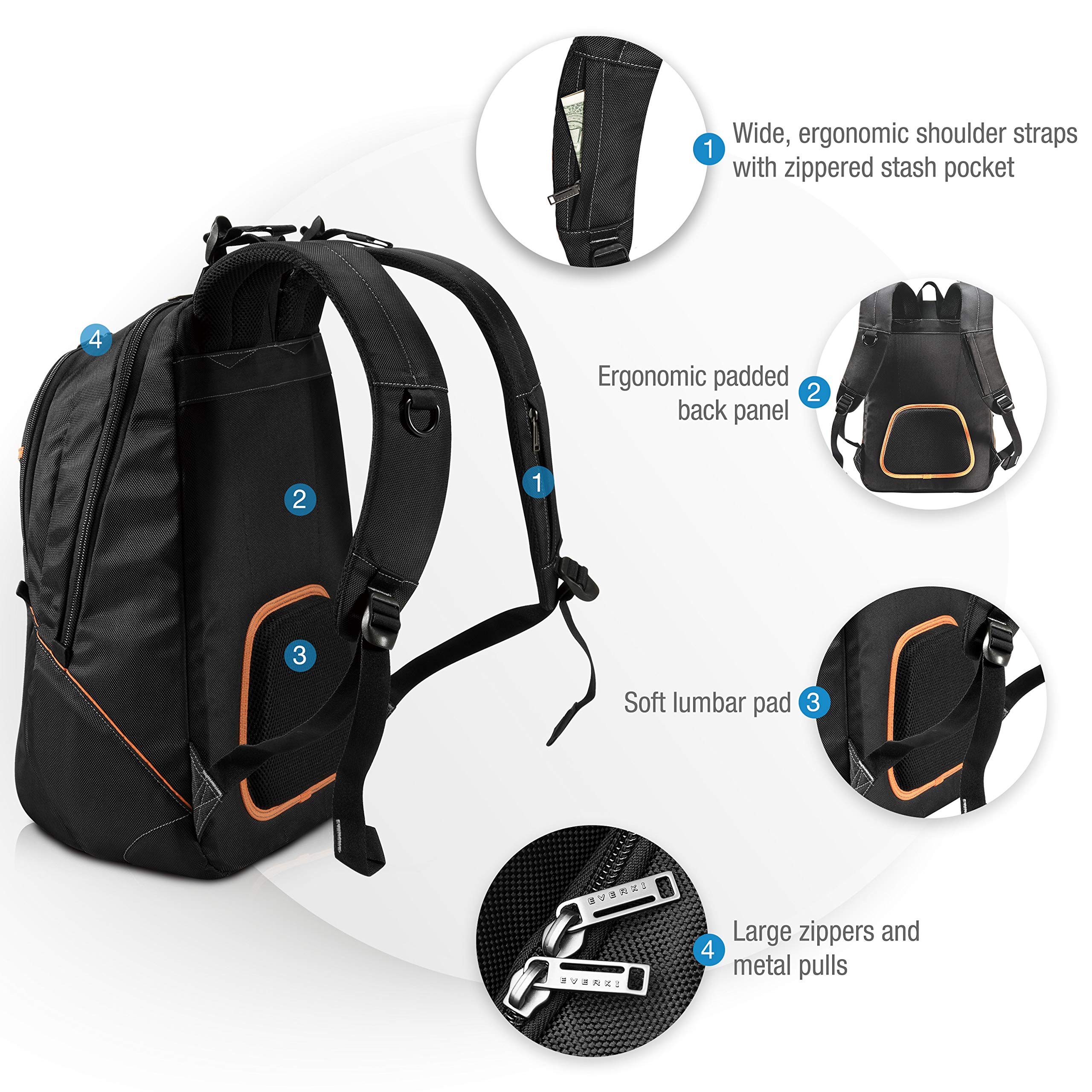 Everki Glide Compact Laptop Backpack for 17.3 Inch Laptops - Lightweight & Durable Black Business Travel Backpack - Perfect for Commuting, Work & College Students
