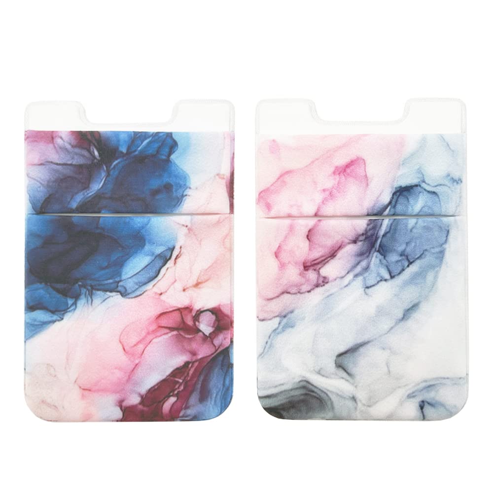 2 Pack Stretchy Lycra Phone Card Holder - Slim Wallet Pocket for Credit Cards, ID & Cash with 3M Adhesive Sticker - Compatible with iPhone, Samsung Galaxy & Android Smartphones (Pink Grey Marble) - Perfect for Travel, Gym & Everyday Use