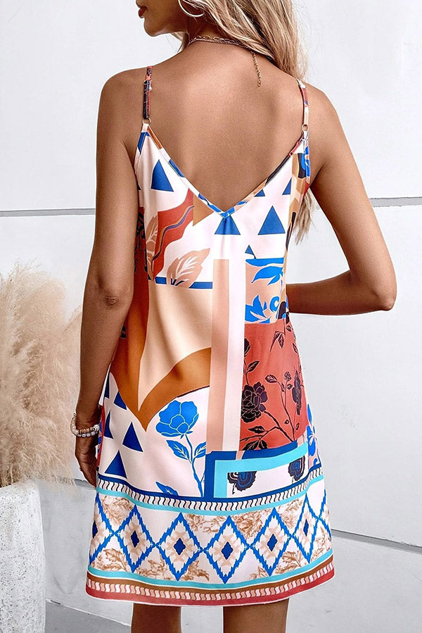 Sexy V-Neck Suspender Mini Dress with Unique Print - Loose Fit for Casual Outings, Date Nights & Summer Parties