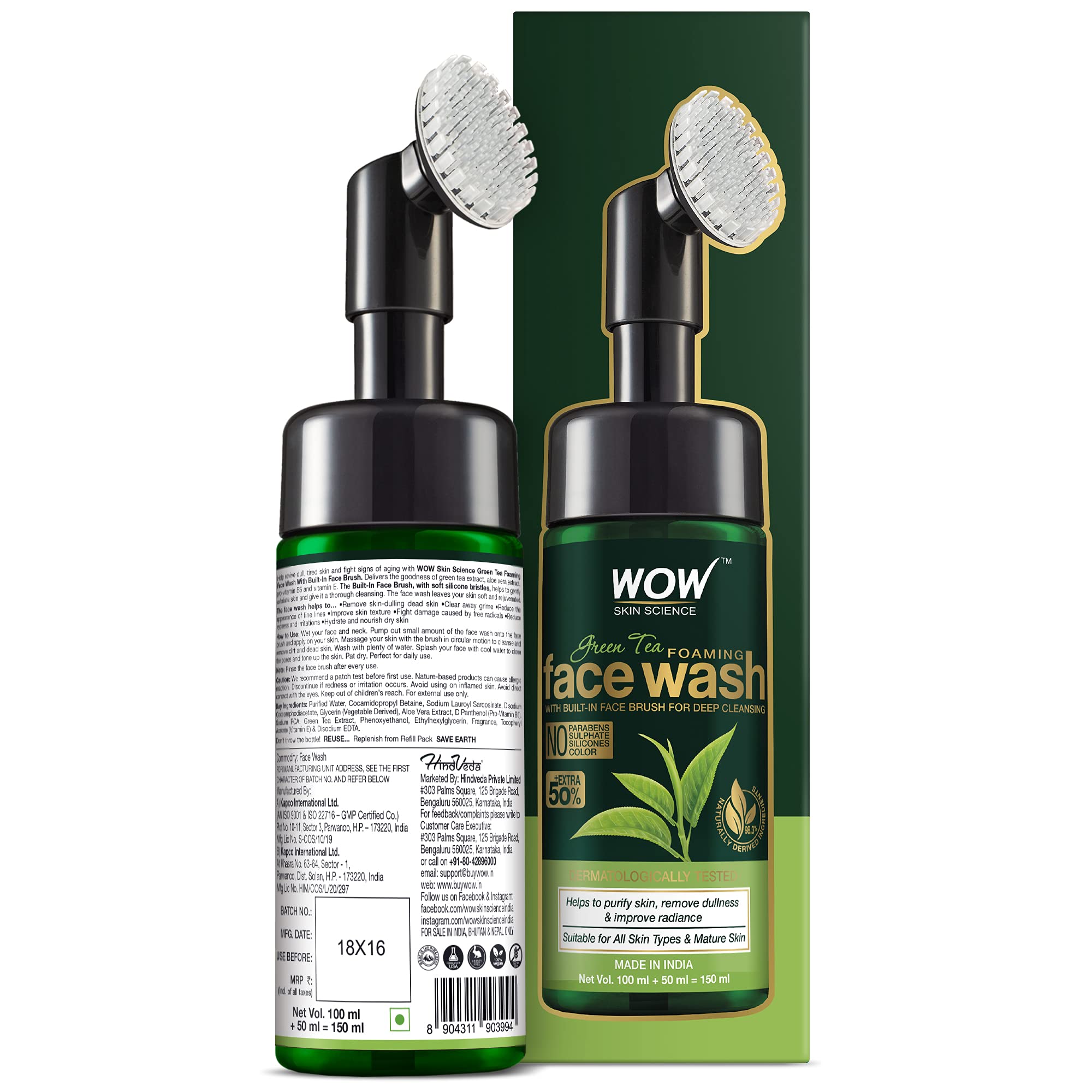 WOW Skin Science Green Tea Foaming Face Wash with Built-In Face Brush - Acne Treatment & Pore Cleanser for Clear Skin - 150mL | Daily Deep Cleansing for Oily & Combination Skin