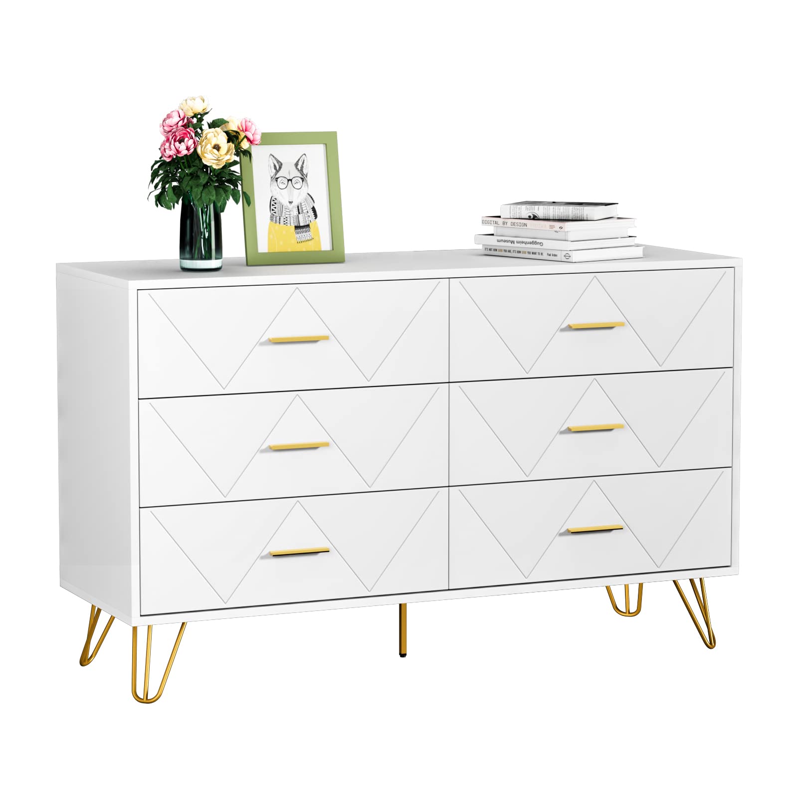 Modern White Dresser with 6 Wide Drawers & Metal Handles - Solid Wood Bedroom Dresser & Chest for Hallway, Entryway - Perfect for Organizing Clothes, Bedding & Home Decor Accessories