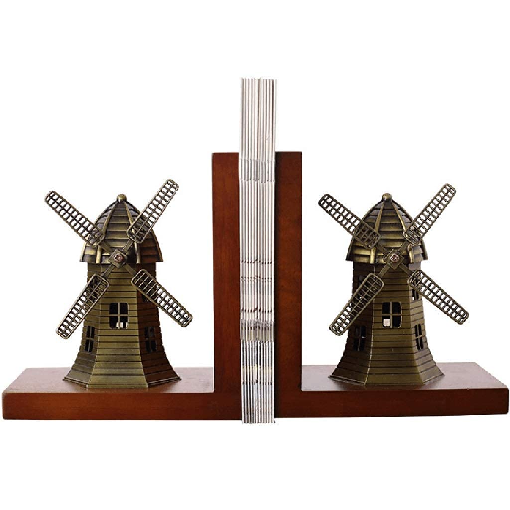 Stylish Wooden Bookends for Study & Office - Adjustable Non-Slip Book Holders, Windmill Design Desktop Decor (Brown, 14x10x17cm, Set of 2) - Perfect for Bookshelves, Home Decor & Workspace Organization
