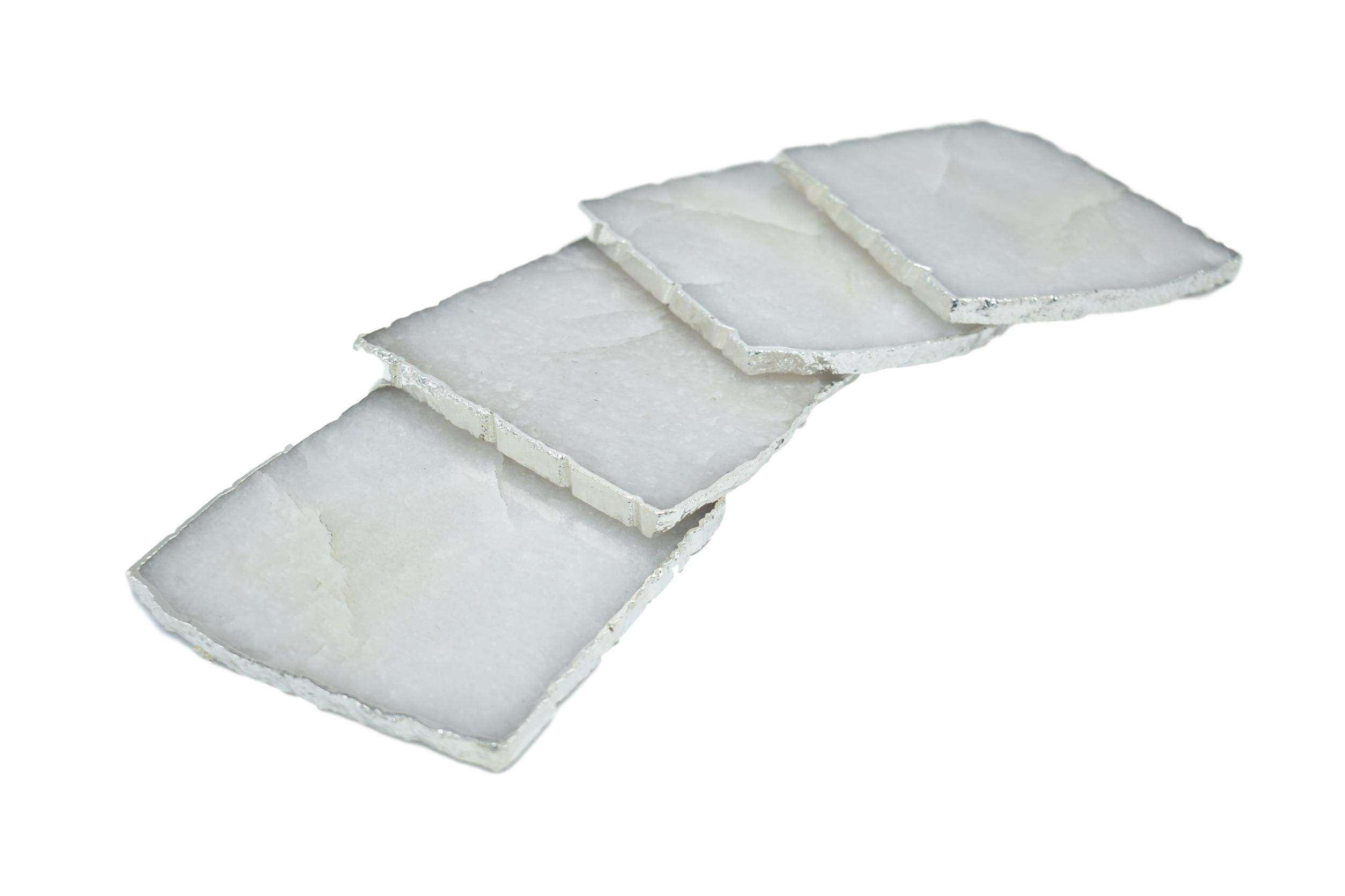Premium Stone Quartz Coasters Set of 4 - Silver Trimmed Non-Slip Square Coasters for Drinks - Natural Stone Home Decor for Dining Table, Coffee Table & Housewarming Gifts