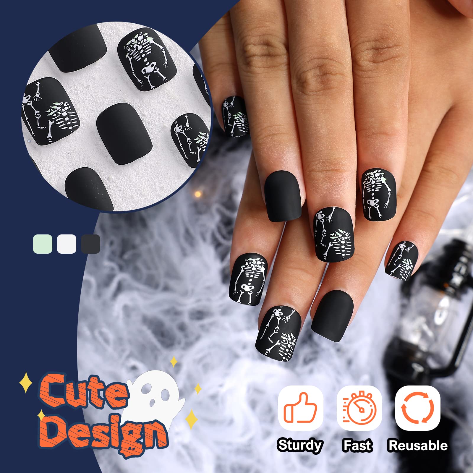 Morily 24Pcs Black Short Square Matte Press on Nails with White Skeleton Design - Acrylic Stick on Artificial Fingernails Tips for Women (12 Sizes) - Perfect for Halloween, Parties & Everyday Wear