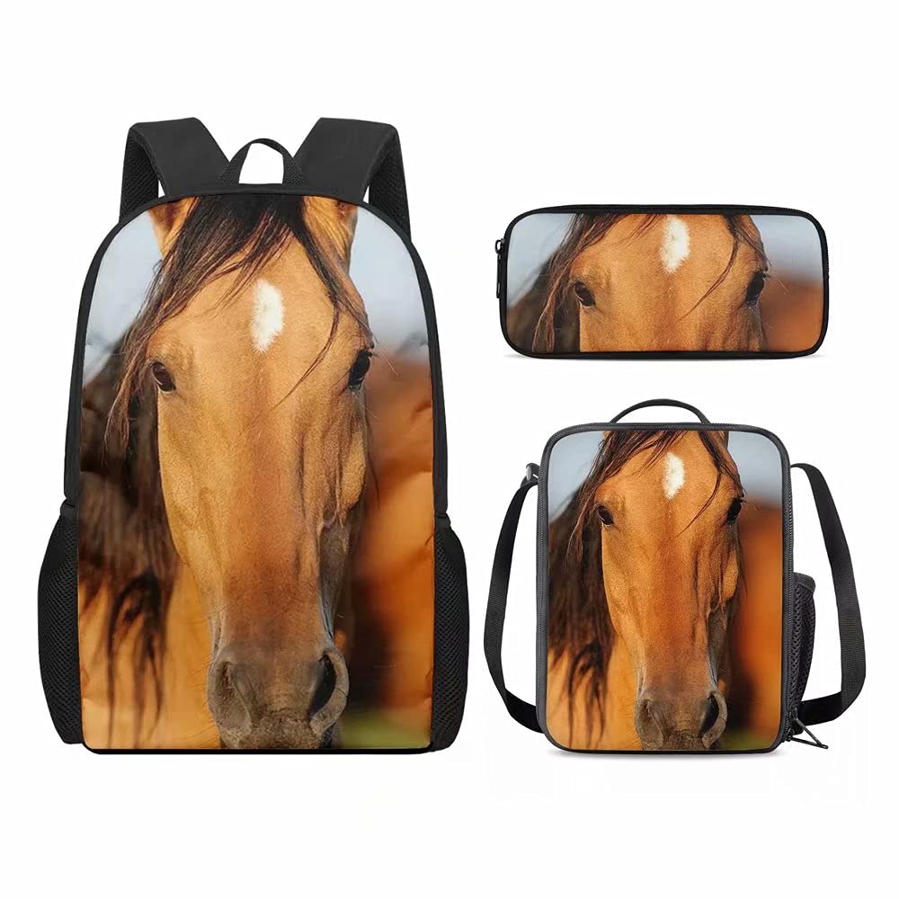 Stylish Brown Horse Print Backpack - Lightweight Casual Daypack for Travel, School & College Students with Lunch Bag & Pencil Case Set - Perfect for Daily Commute, Campus Life & Weekend Adventures