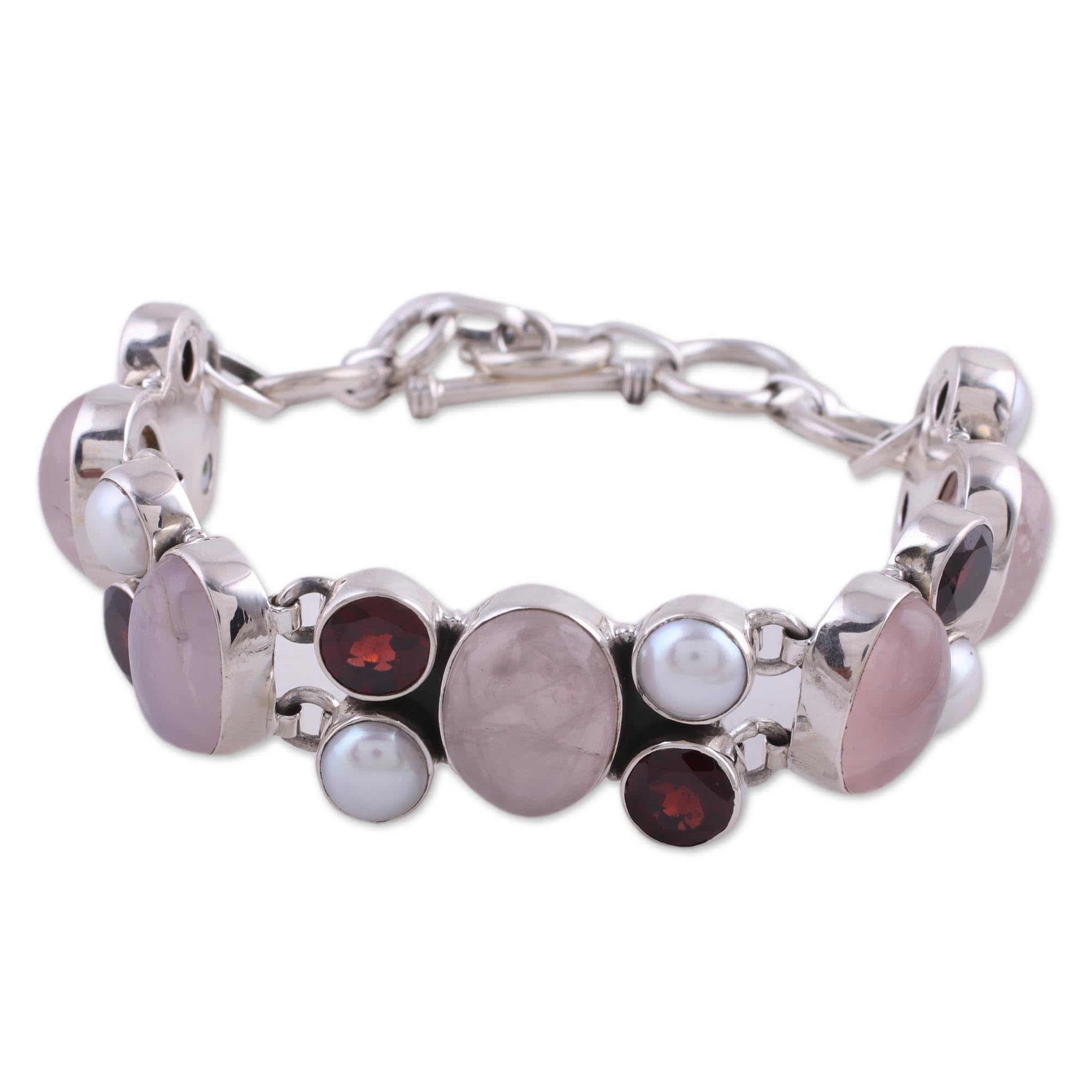 NOVICA Handmade Pearl & Rose Quartz Charm Bracelet with Garnet - Sterling Silver Birthstone Jewelry for Women [7-8.25