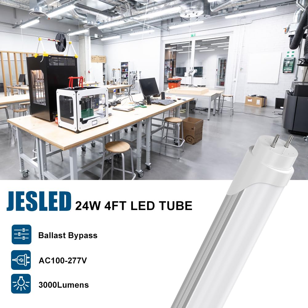 JESLED T8 4FT LED Tube Light Bulbs 24W 5000K Daylight White - 3000LM Brightness - Plug & Play or Ballast Bypass - 4 Foot LED Fluorescent Replacement - Dual-End Powered Frosted Light - Garage Warehouse Shop Lighting (12 Pack) - Perfect for Commercial Spaces, Workshops, and Industrial Areas