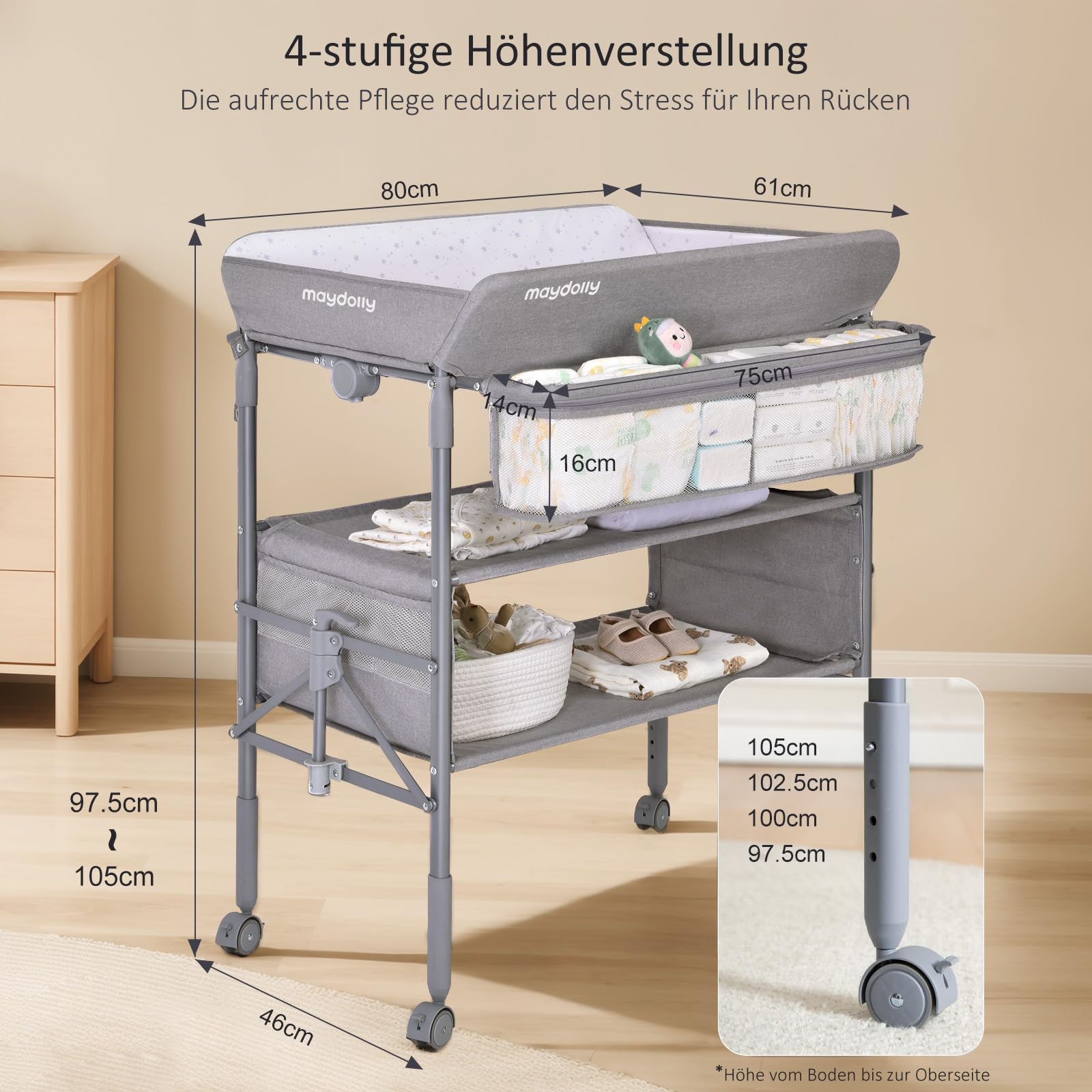 Maydolly Foldable Adjustable Height Baby Changing Table with Removable Waterproof Cover & Storage Organizer - Perfect for Nursery, Daycare & Travel (Grey)