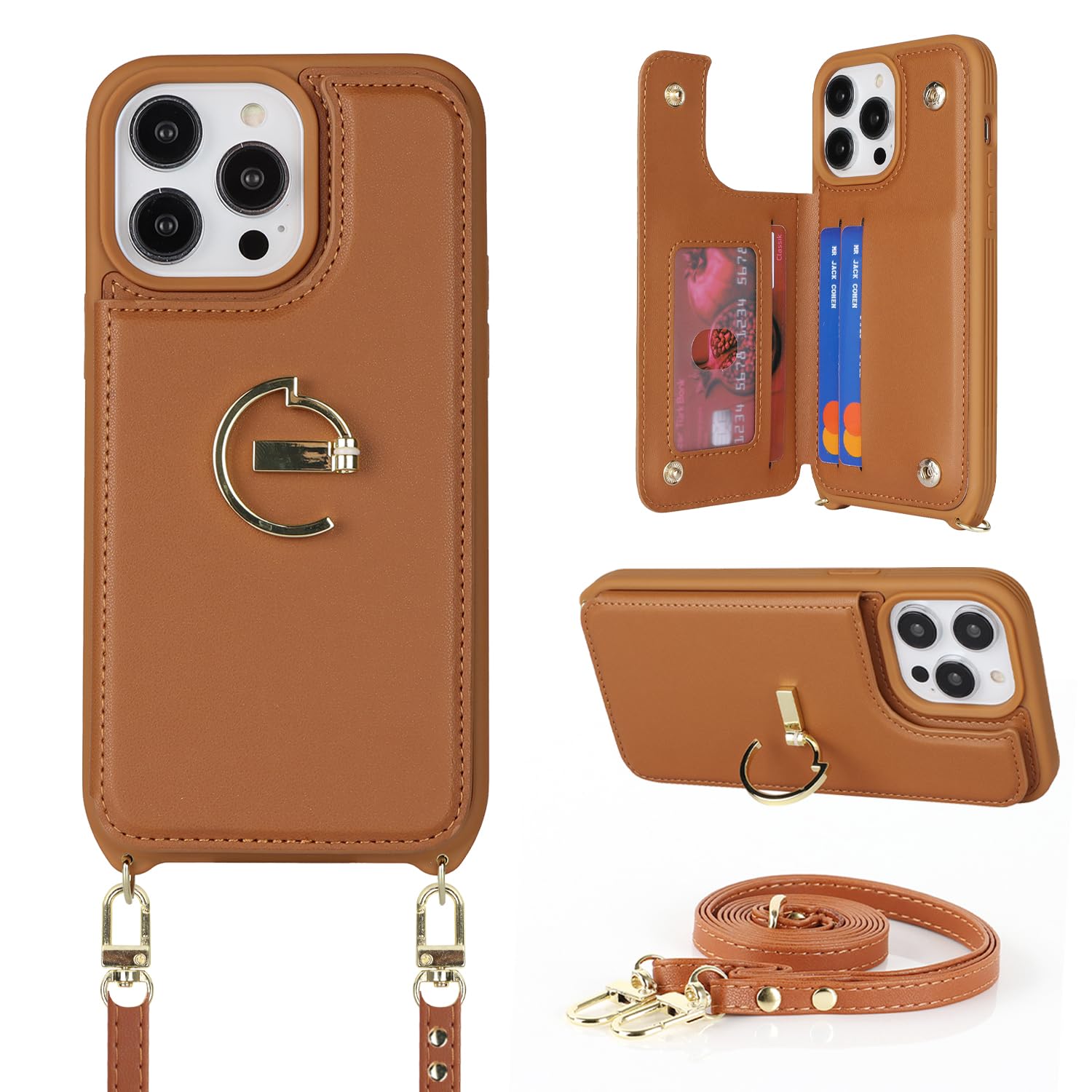Havaya Crossbody Phone Case for iPhone 14 Pro Max - Wallet Case with Strap, Card Holder & Kickstand - Brown - Perfect for Women's Everyday Use, Travel & Hands-Free Convenience