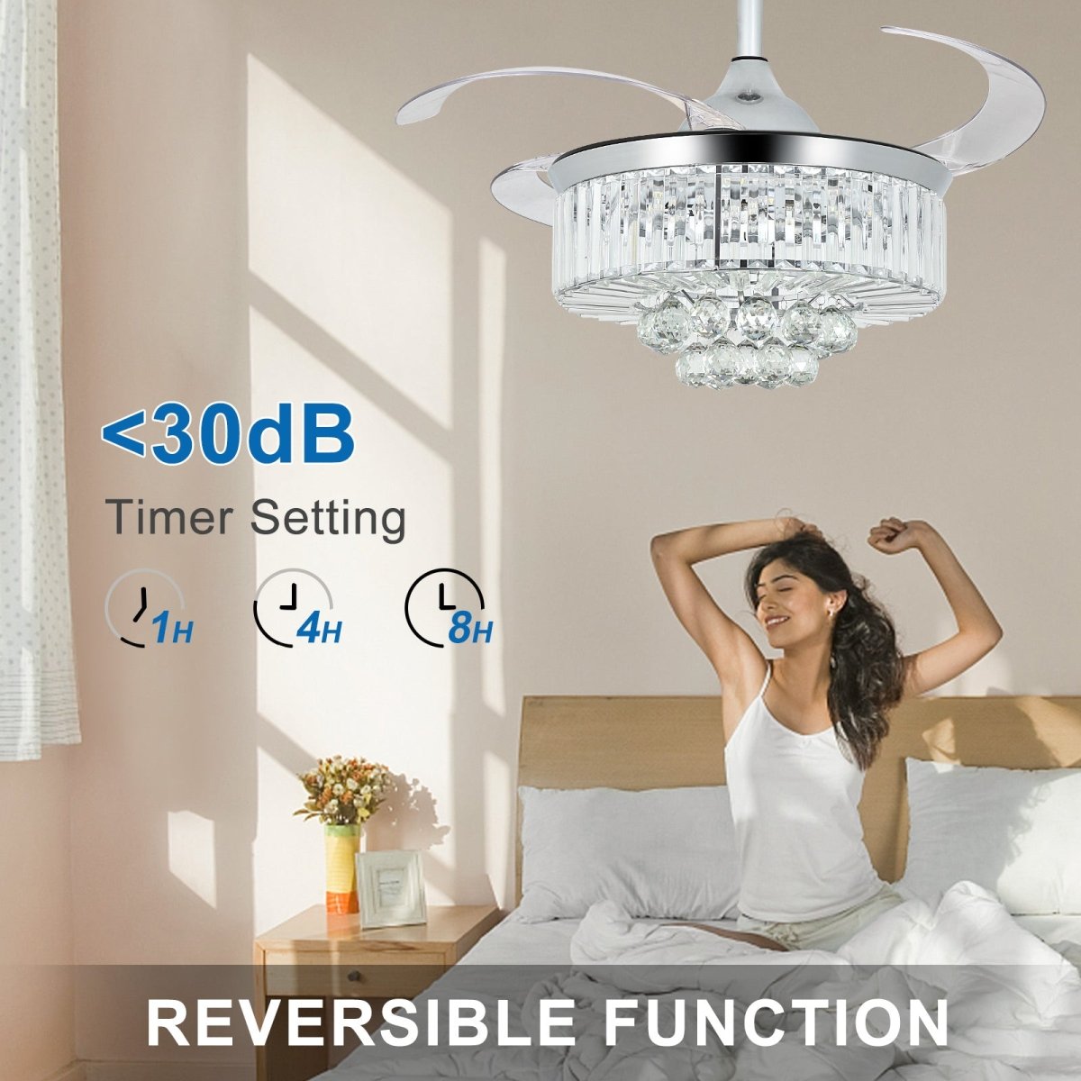 Modern Crystal Retractable Invisible Blades Fandelier - 42 Inch LED Chandelier Ceiling Fan with Remote, 3 Color Temperatures (3000K-6000K), 6-Speed Reversible DC Motor, Silver - Perfect for Bedroom, Living Room, and Dining Room Lighting