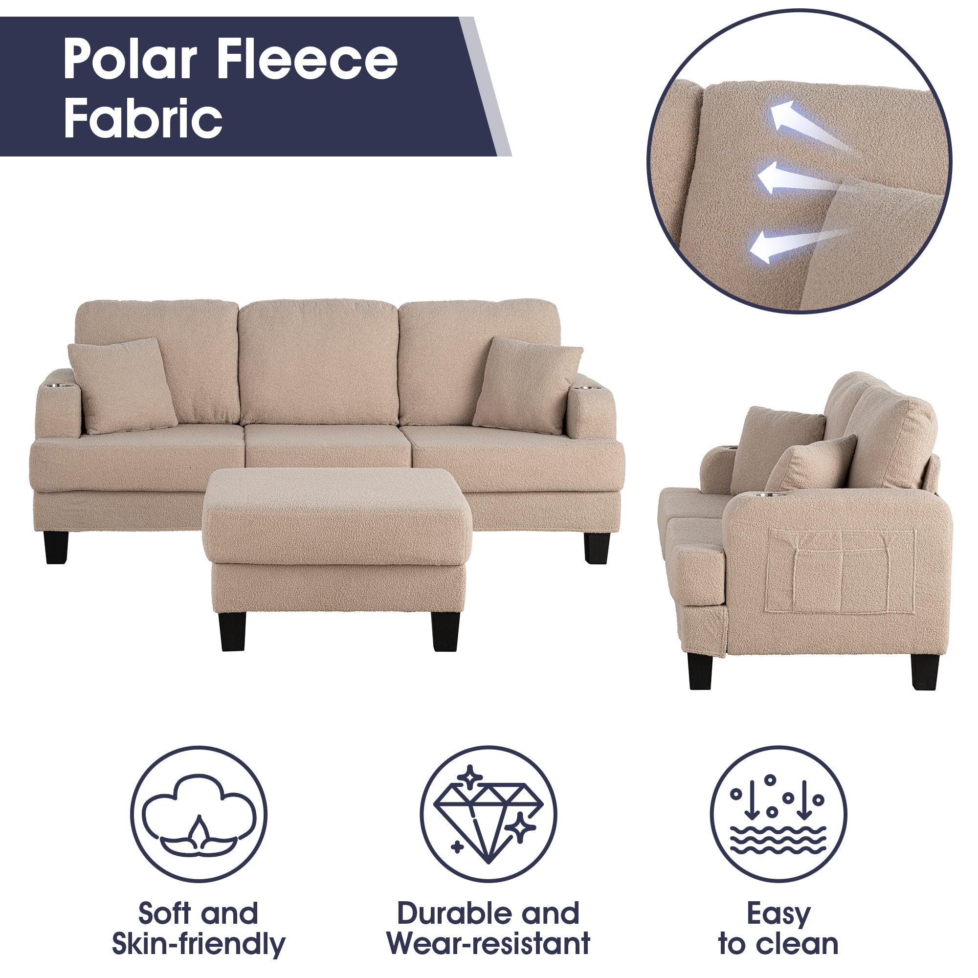 Beige 3-Piece Sofa Set with Storage Ottoman & USB Charging Ports - Modern Living Room Furniture for Small Spaces, Apartments & Home Theater Seating