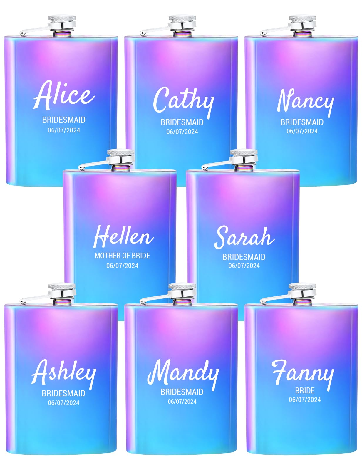 Personalized Bridesmaid Flasks Set of 8 - Custom Engraved 8oz Stainless Steel Liquor Flasks for Women - Perfect for Bachelorette Parties, Wedding Gifts, Valentine's Day & Birthday Presents (Multicolor) - Great for Girls' Night Out, Bridal Showers & Special Celebrations