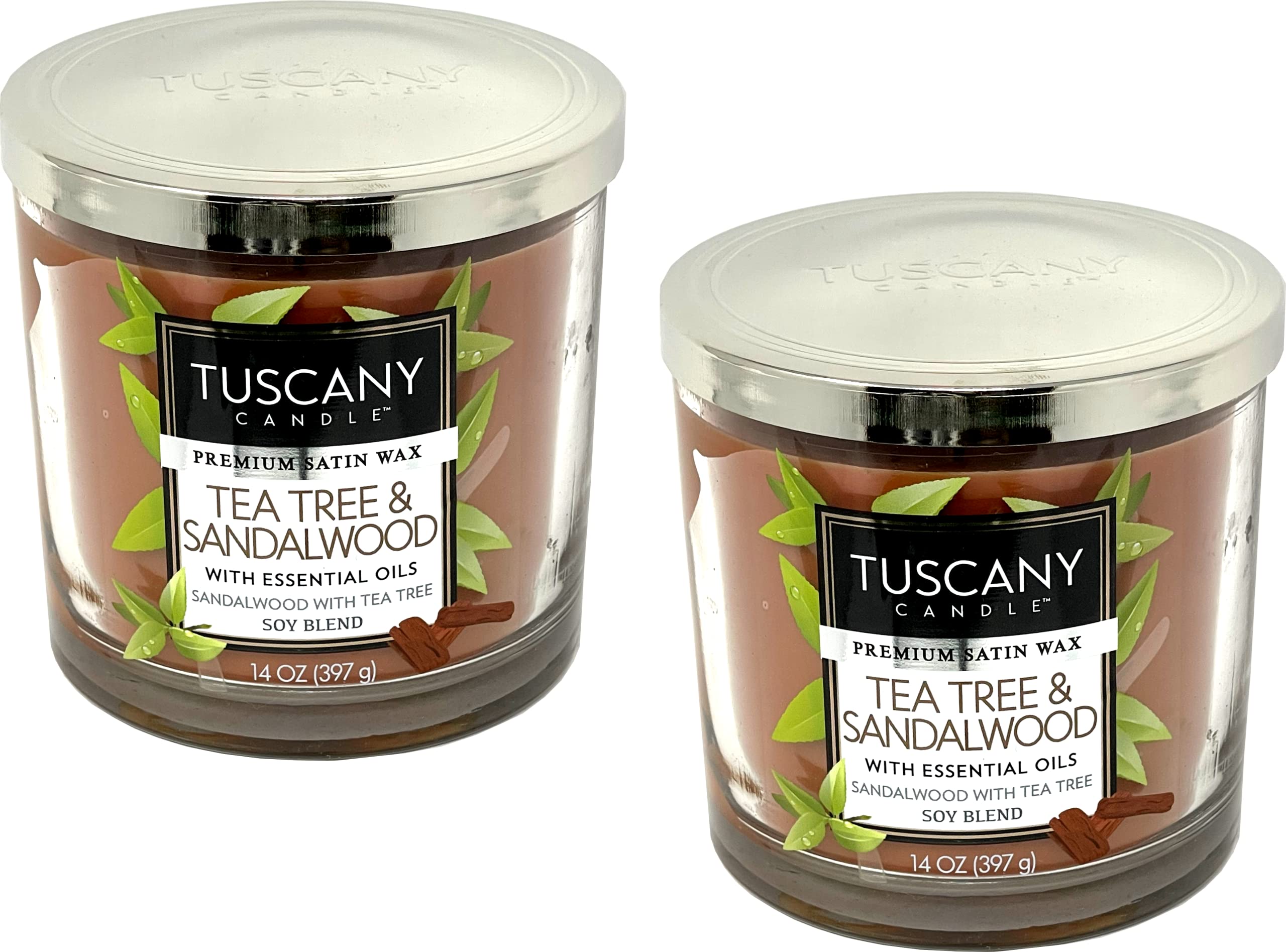 Tuscany 14oz Scented Soy Blend Candles 2-Pack - Tea Tree & Sandalwood Aromatherapy for Relaxation & Home Decor | Perfect for Bedroom, Bathroom & Living Room