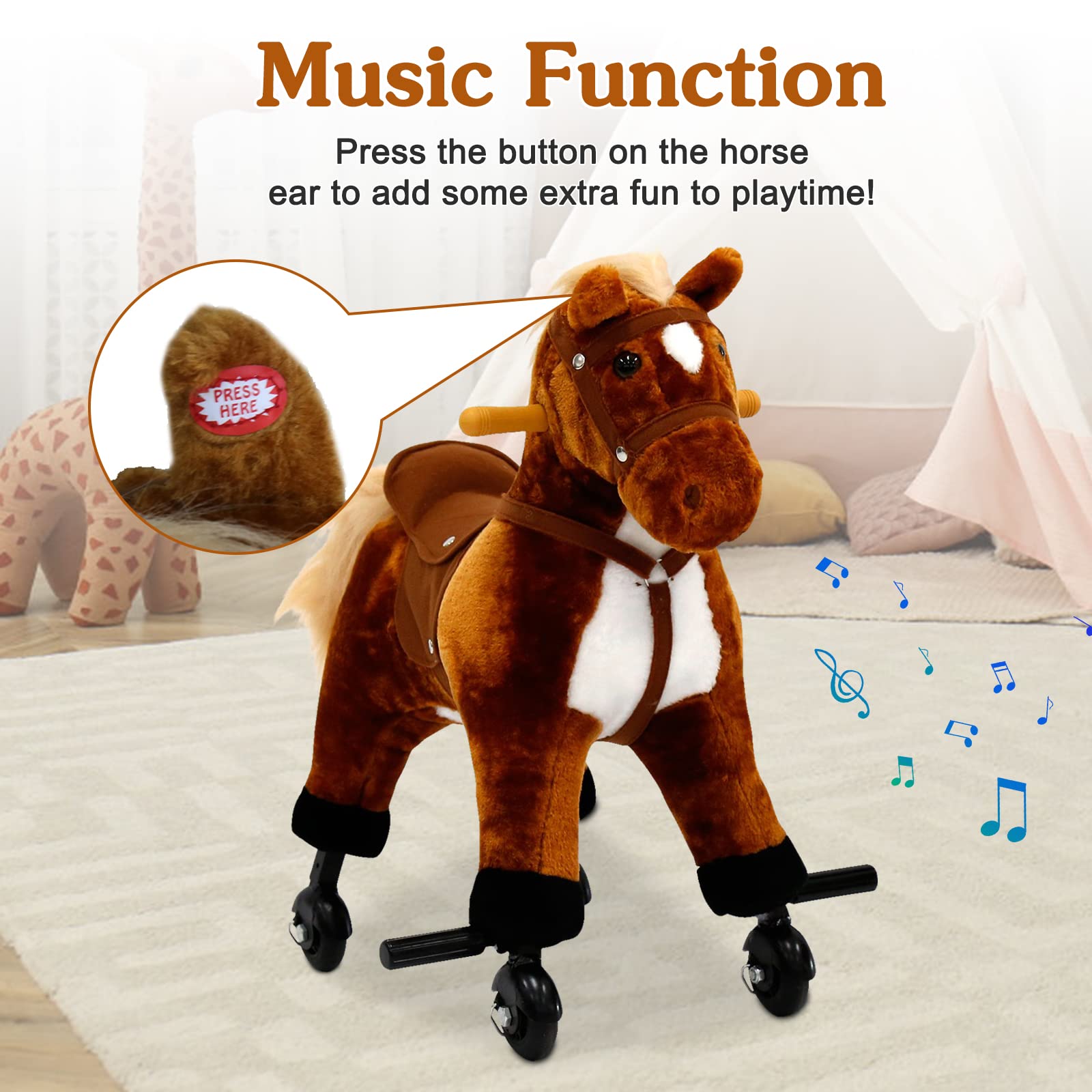 Kids Ride On Horse Toy with Rolling Wheels & Sound - Mechanical Walking Pony for Children Ages 3-6 | Interactive Pretend Play Toy for Indoor & Outdoor Fun