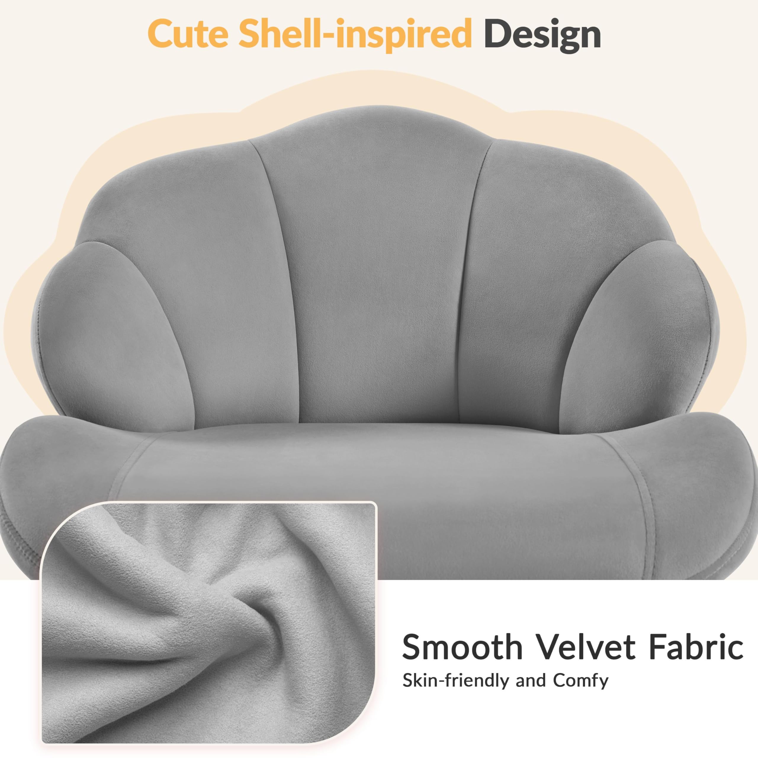 Yaheetech Velvet Swivel Vanity Chair with Wheels - Adjustable Height Home Office Desk Chair with Shell-Shaped Backrest for Bedroom Makeup & Dressing Table (Light Gray) - Perfect for Beauty Salon, Bridal Dressing Room & Home Office Workspace