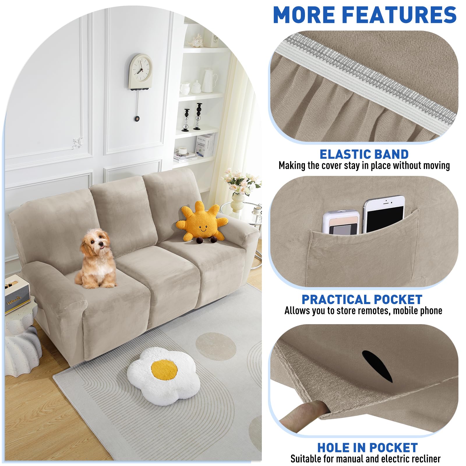 MAXIJIN 8-Piece Stretch Velvet Recliner Sofa Covers - Soft, Thick & Washable Slipcovers for 3-Cushion Reclining Couches (Khaki) | Perfect for Living Room, Home Theater & Family Room Furniture Protection