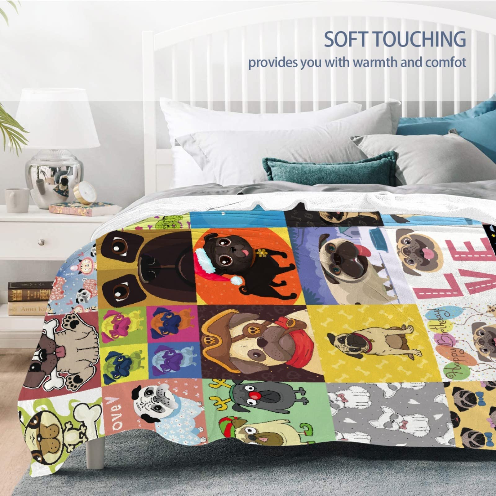 **Soft Cozy Flannel Pug Dog Pattern Throw Blanket - 120