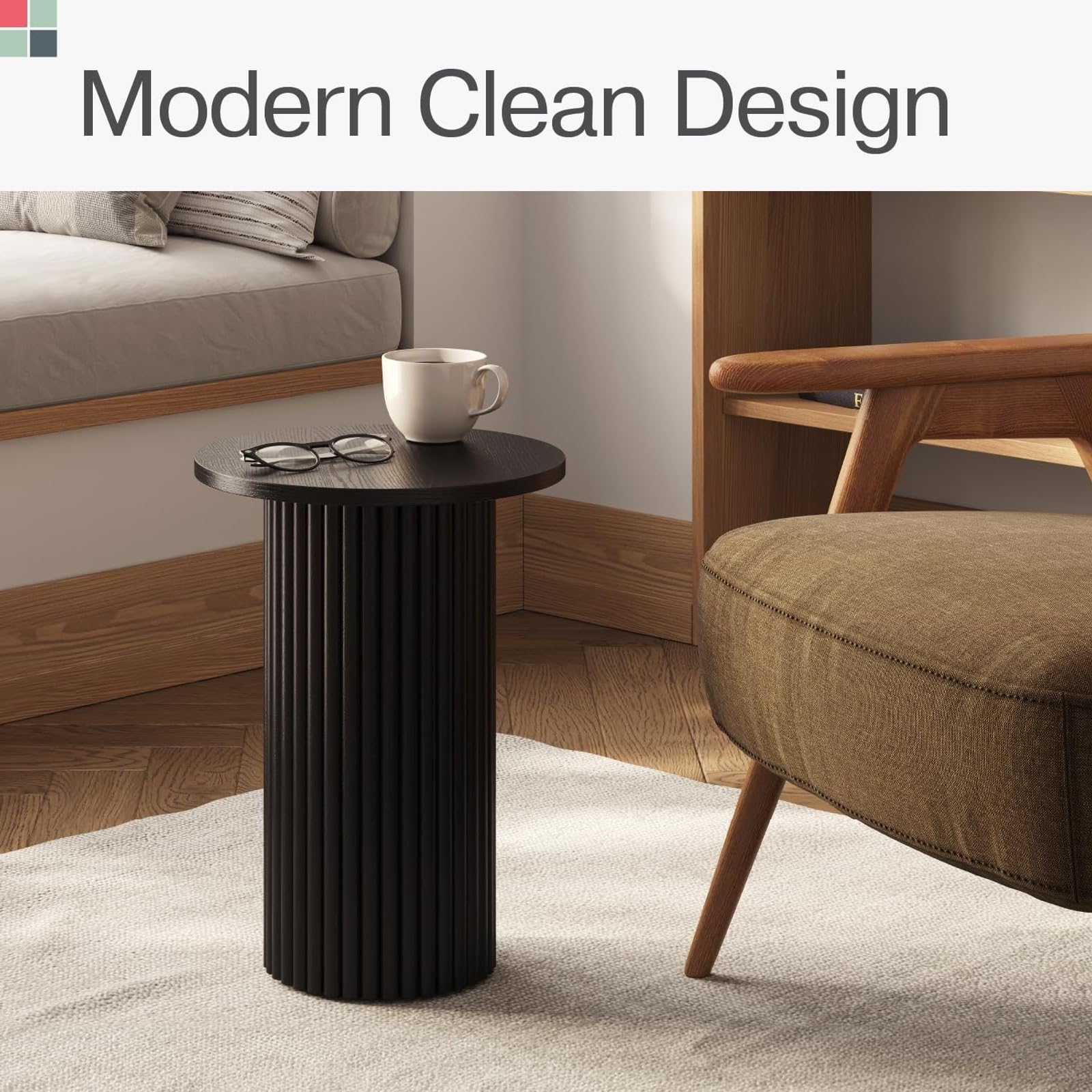 Small Round Fluted Accent Side Table - Black Wooden End Table with Solid Oak Base for Modern Bedroom & Living Room - Nightstand, Sofa Side Table, Coffee Table Companion (Blackened Oak Finish)
