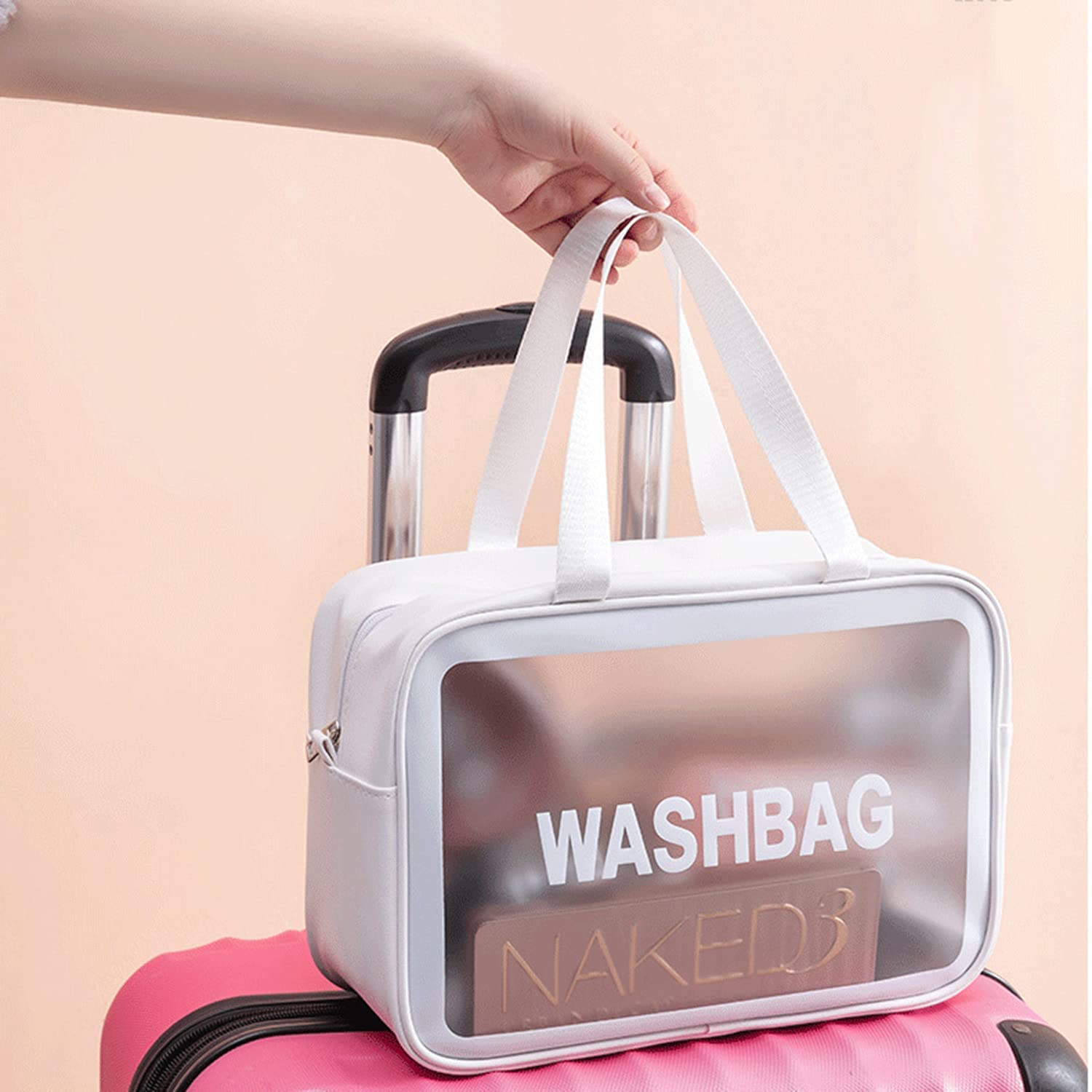 **Paczo Clear PVC Waterproof Toiletry Bag for Travel - Large Zippered Cosmetic Makeup Organizer for Women & Men - Perfect for Gym, Vacation & Daily Use (White)**