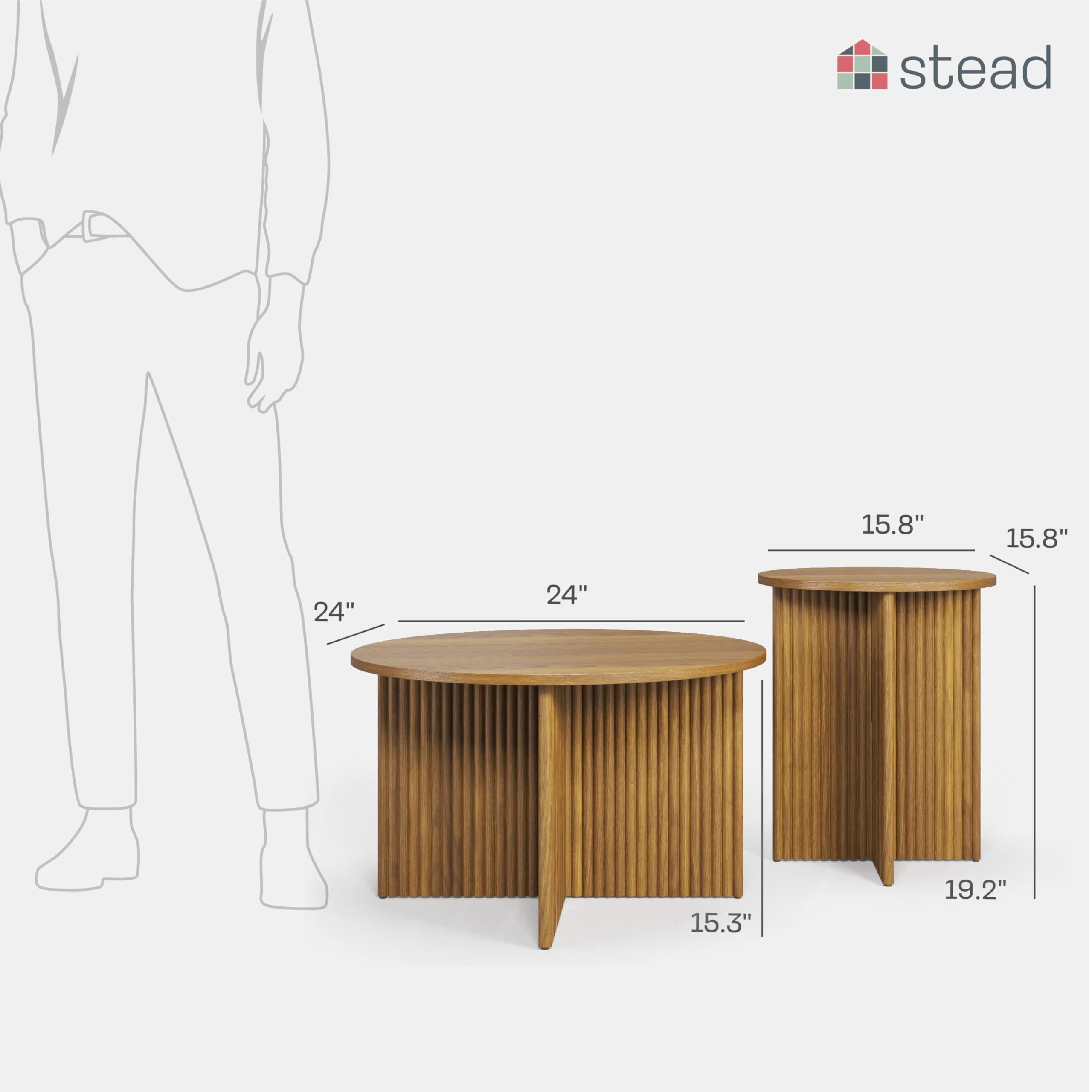 Modern Round Fluted Nesting Coffee Table Set of 2 - Solid Wood Base with Wood Grain Veneer Top in Medium Oak - Stylish Living Room Furniture for Small Spaces - Perfect for Coffee, Books, and Living Room Decor