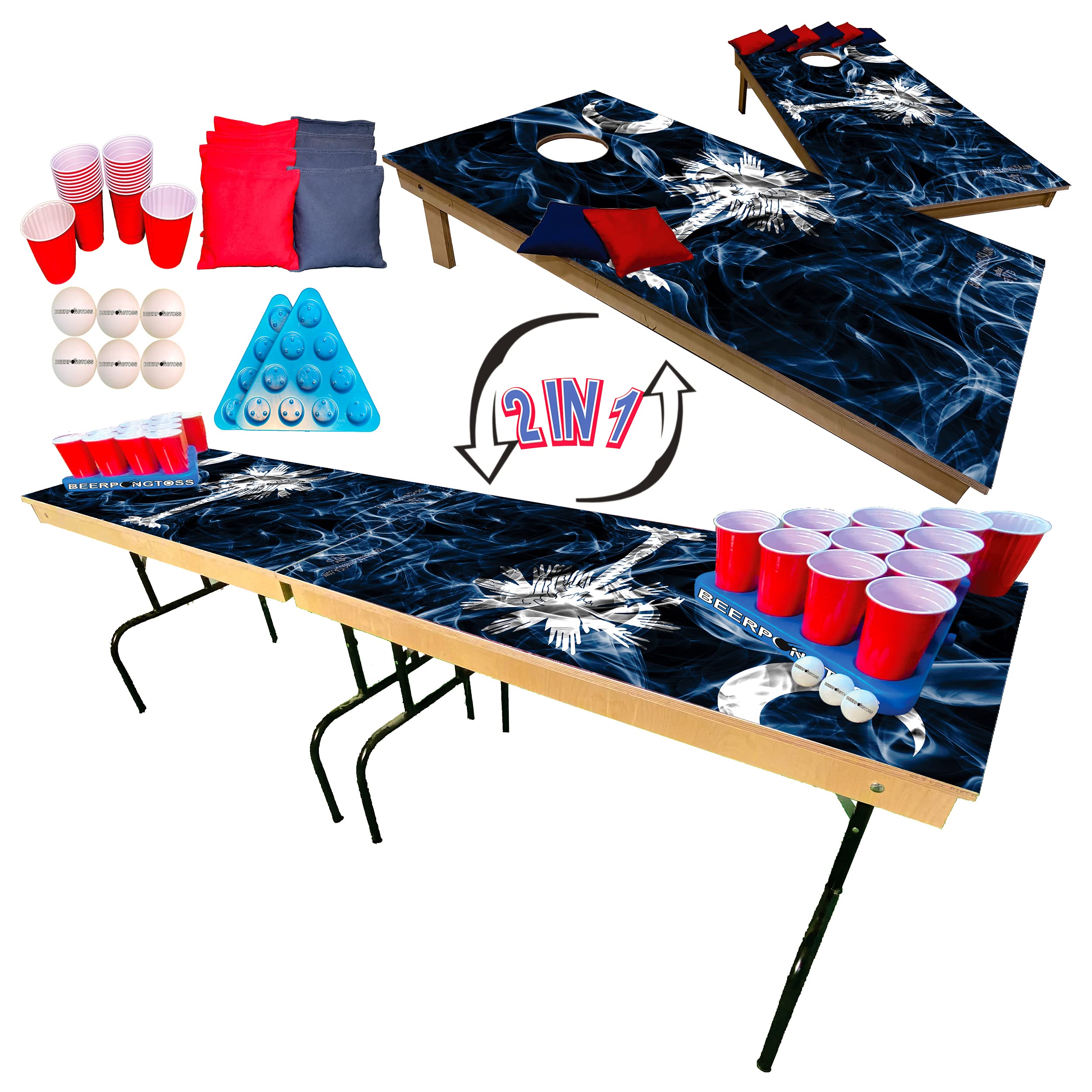 2-in-1 Cornhole & Tailgate Pong Table with South Carolina State Flag - 8Ft Game Table Set for College Parties, Tailgating & Backyard Fun - Includes Cornhole Boards (4x2Ft), 8 Bags, 22 Cups, 6 Balls & 2 Racks - Perfect for Outdoor Games, BBQs & Sports Events