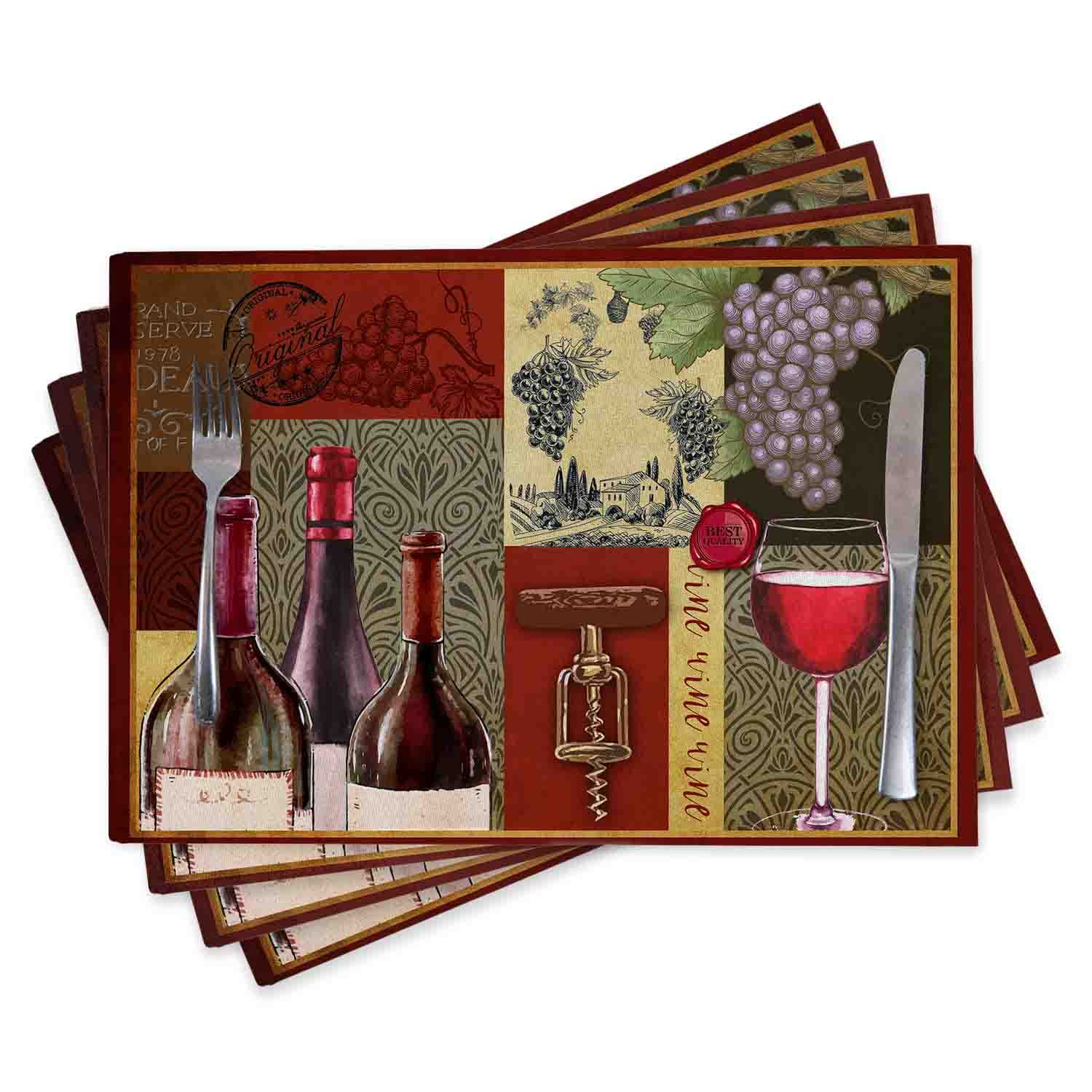 Set of 4 Heat-Resistant Placemats for Dining & Kitchen Tables - Vintage Wine Design - Perfect for Dinner Parties, Family Meals & Holiday Gatherings
