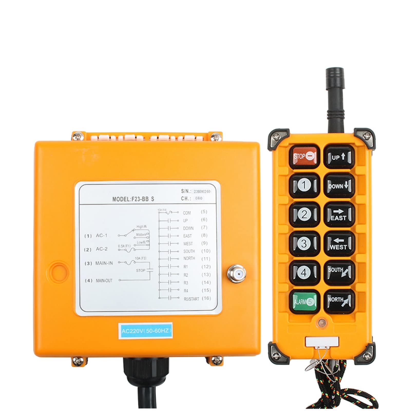 F23-BB Industrial Wireless Radio Remote Controller Switch - 1 Receiver + 1 Transmitter with Speed Control for Hoist & Crane (VHF 310-331MHz, AC 220V) - Perfect for Construction Sites, Warehouses, and Heavy Equipment Operations
