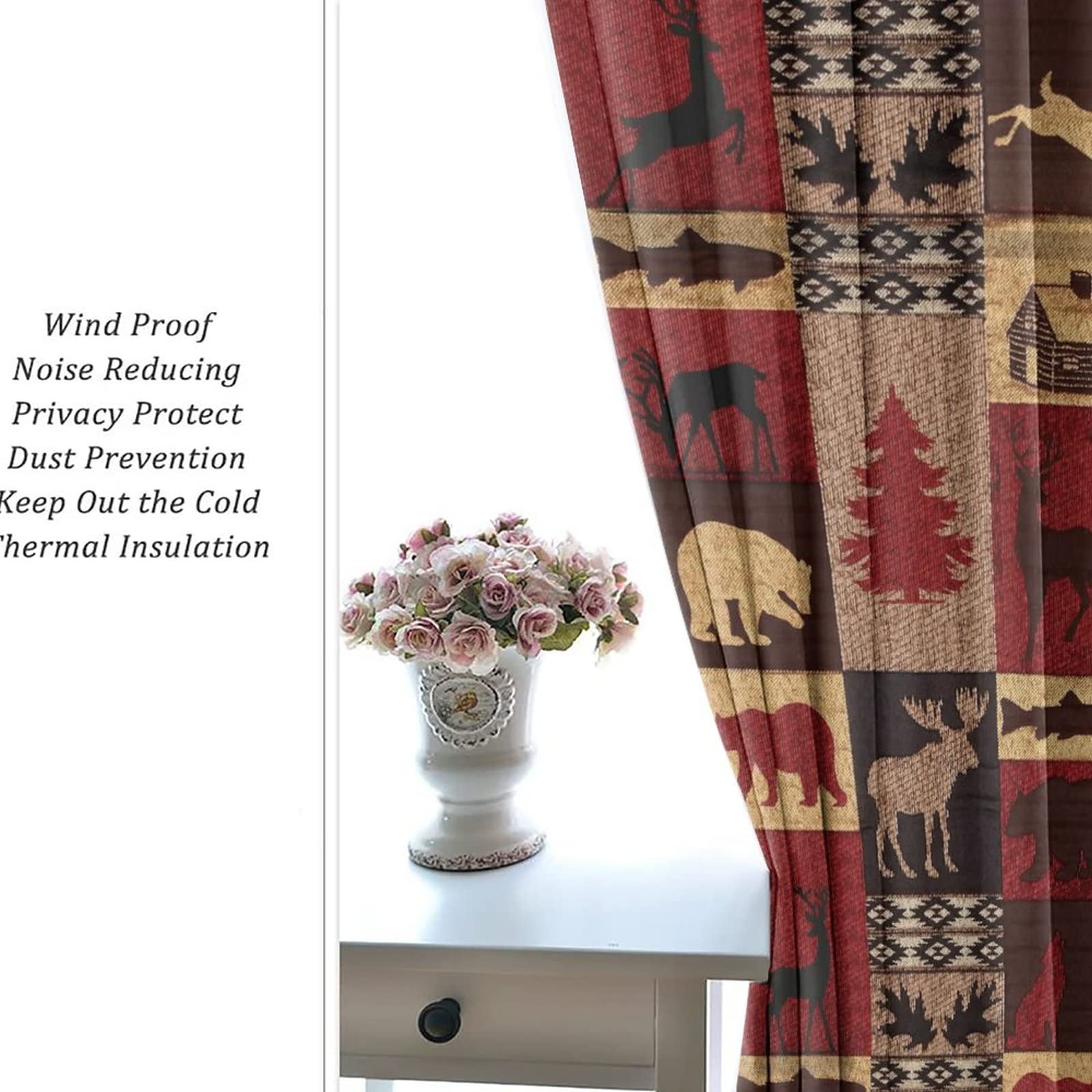 Retro Rustic Bear Deer Blackout Curtains - Farmhouse Cabin Bear Moose Red Black Buffalo Check Plaid Grommet Window Drapes, Thermal Insulated Energy Saving Curtain Set for Living Room, Nursery, Bedroom & Cabin - Perfect for Cozy Winter Nights and Light Blocking