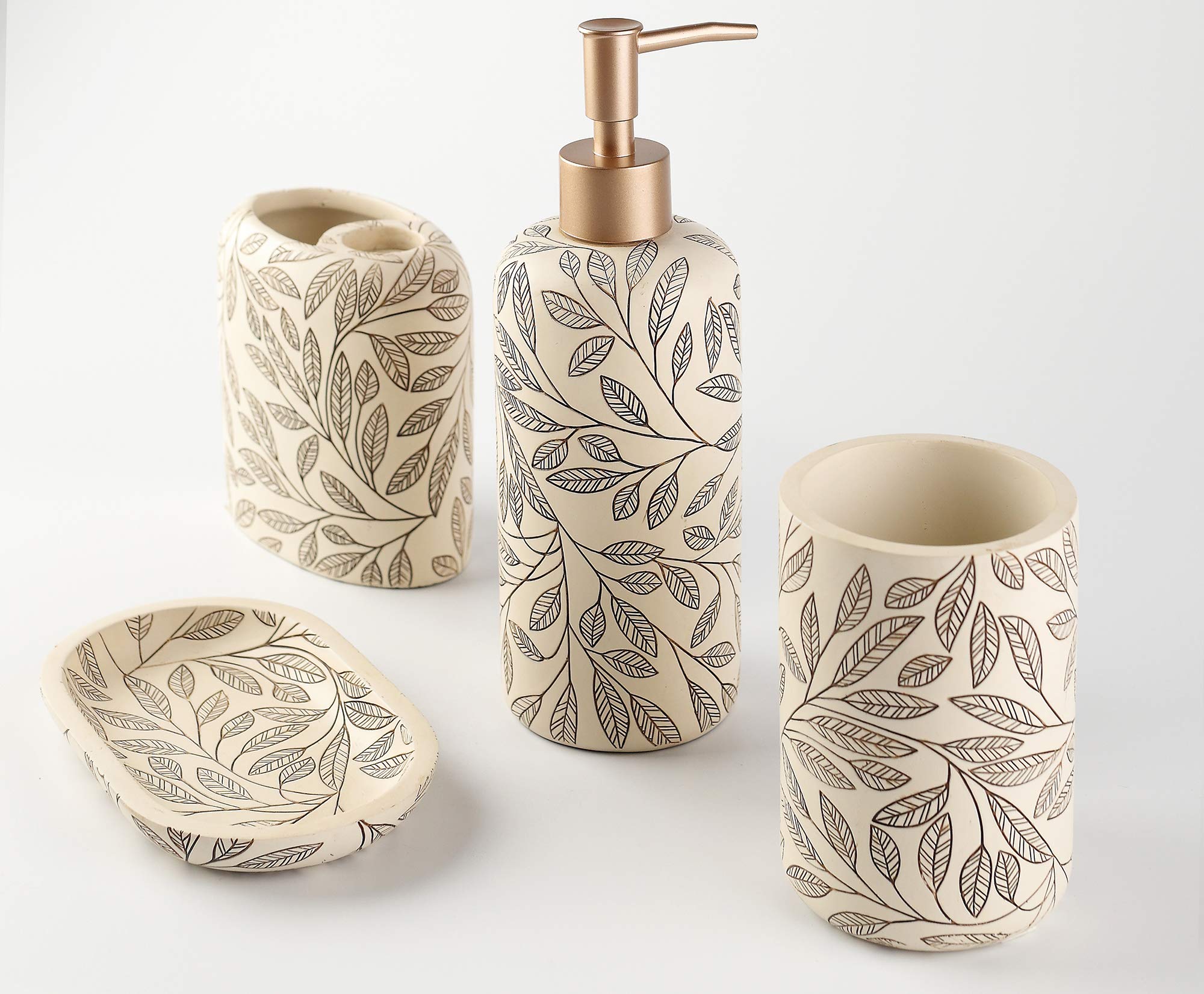 Hymmah 4-Piece Farmhouse Bathroom Accessories Set - Resin Toothbrush Holder, Soap Dispenser, Soap Dish & Tumbler | Rustic Apartment Decor Essentials | Perfect for Guest Bathrooms, Small Spaces & Housewarming Gifts