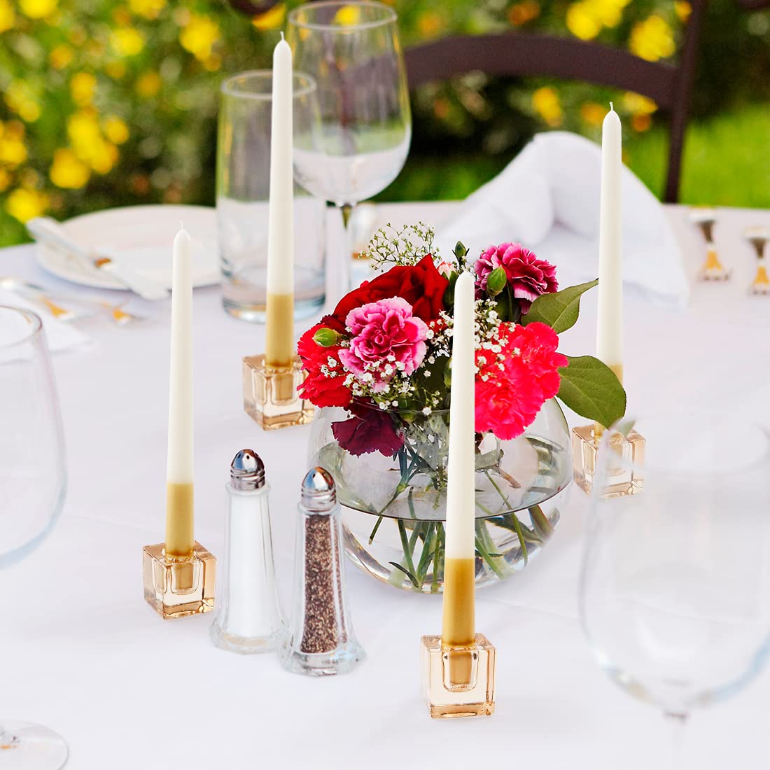 2PCS Amber Square Glass Taper Candle Holders - Elegant Table Centerpiece Decor for Wedding, Dining & Party | Crystal Candle Stick Holder Set for Romantic Ambiance & Home Decoration