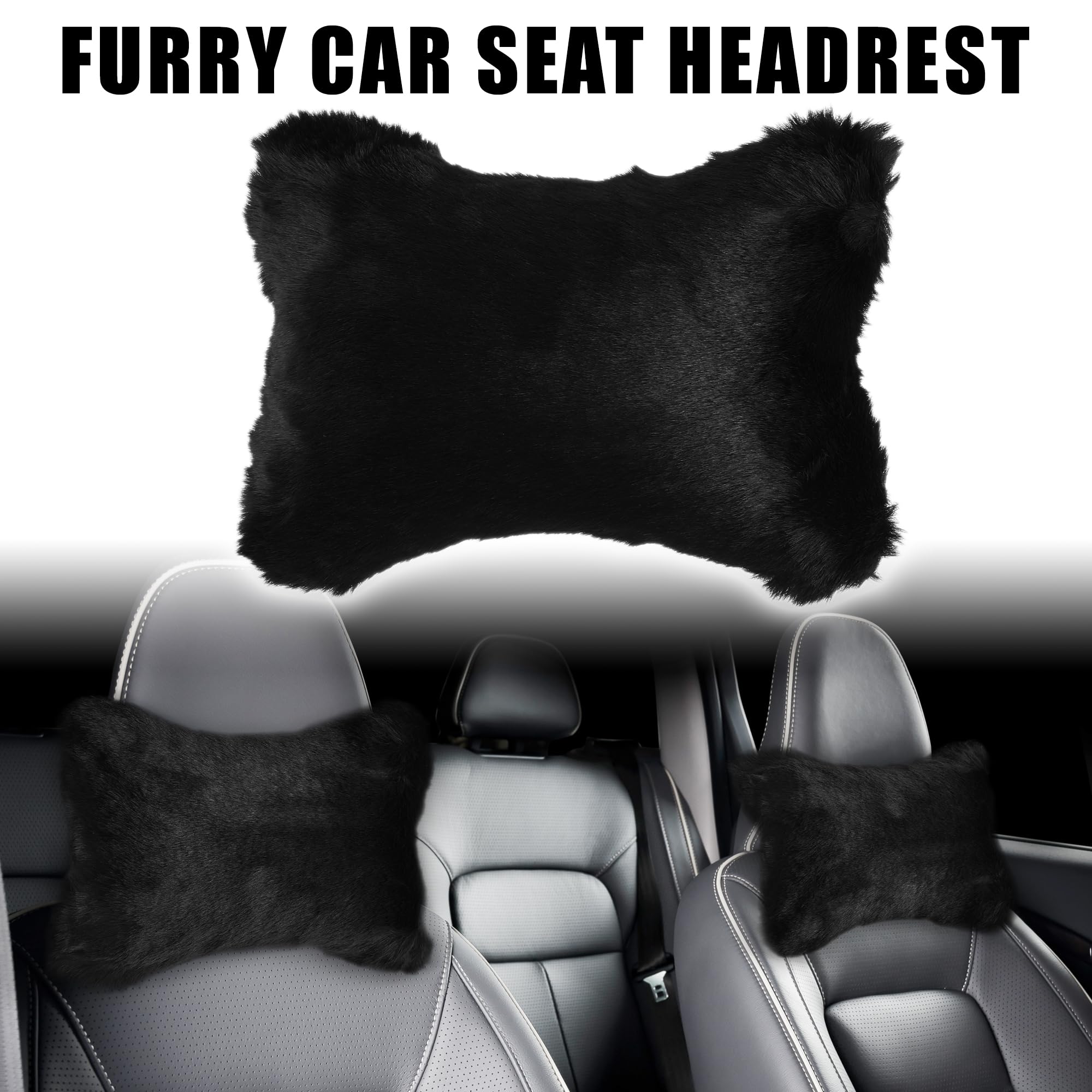 X AUTOHAUX 1 Pair Soft Fluffy Furry Car Seat Neck Pillows - Warm Headrest Support for Comfortable Driving | Perfect for Long Road Trips, Commuting & Relaxation (Black)