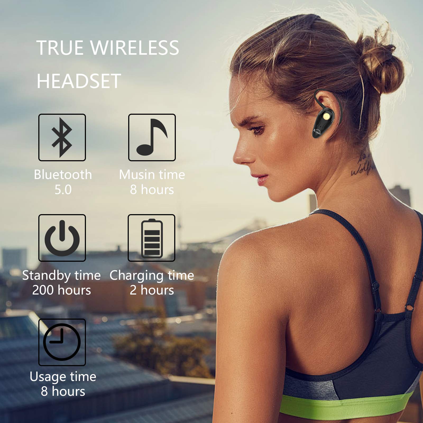 Wireless Bluetooth Headset V5.0 - Ultra Lightweight Earbuds with Built-in Mic, Volume Control & Carrying Case | Hands-Free for Calls, Music | Compatible with Android, iPhone, Smartphones & Laptops | Perfect for Workouts, Commuting & Office Use