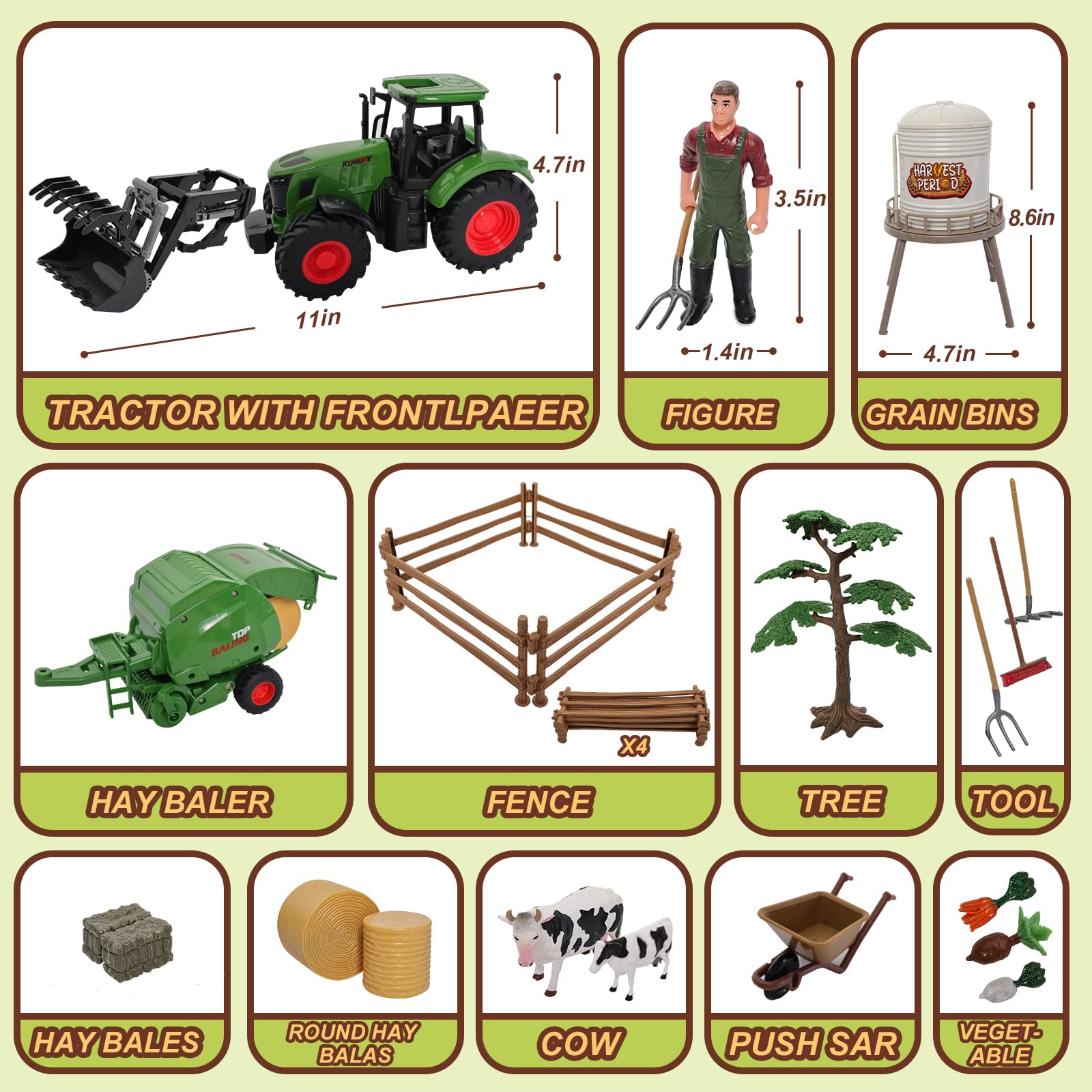Farm Tractor Toys Set with Round Baler, Barn, Farmer & Animals - Educational Farm Playset for Kids Ages 3-7 | Pretend Play, Learning & Gift for Toddler Boys & Girls | Perfect for Birthday, Christmas & Farm-Themed Playtime