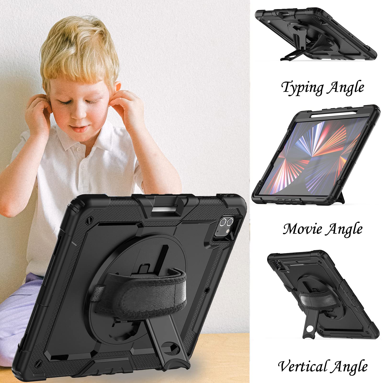 Premium Shockproof Rugged Case for iPad Pro 12.9 Inch (2022 6th Gen/2021 5th Gen/2020 4th Gen/2018 3rd Gen) - Heavy Duty Protective Cover with Built-in Screen Protector, Apple Pencil Holder, Adjustable Kickstand & Detachable Hand/Shoulder Strap - Perfect for Work, Travel and Outdoor Activities (Black)