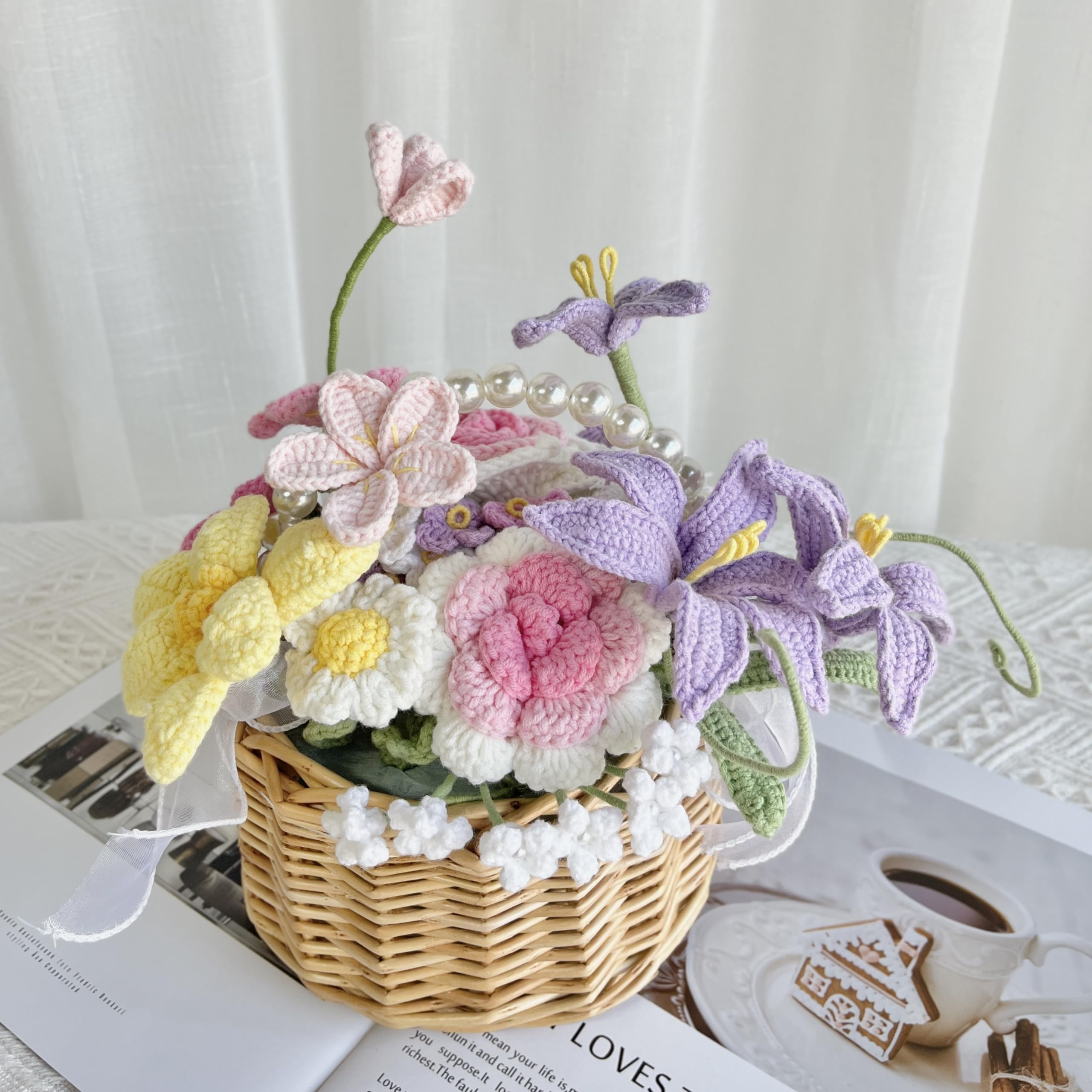 JOMODECOR Handmade Crochet Flower Basket - Artificial Potted Flowers with Forget-Me-Not, Daisy, Tulip & Rose - Perfect Gift for Girlfriend, Mom & Women - Home Office Desk & Bedroom Decor (Pink) - Ideal for Wedding Centerpieces, Baby Showers & Spring Home Decor