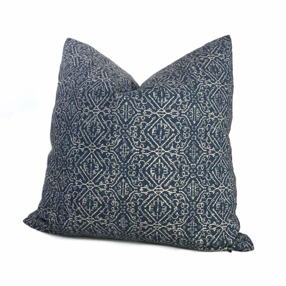 Designer Priya Blue Beige Tribal Ethnic Geometric Pillow Cover - Handmade Lacefield Fabric Home Decor for Living Room, Bedroom & Sofa