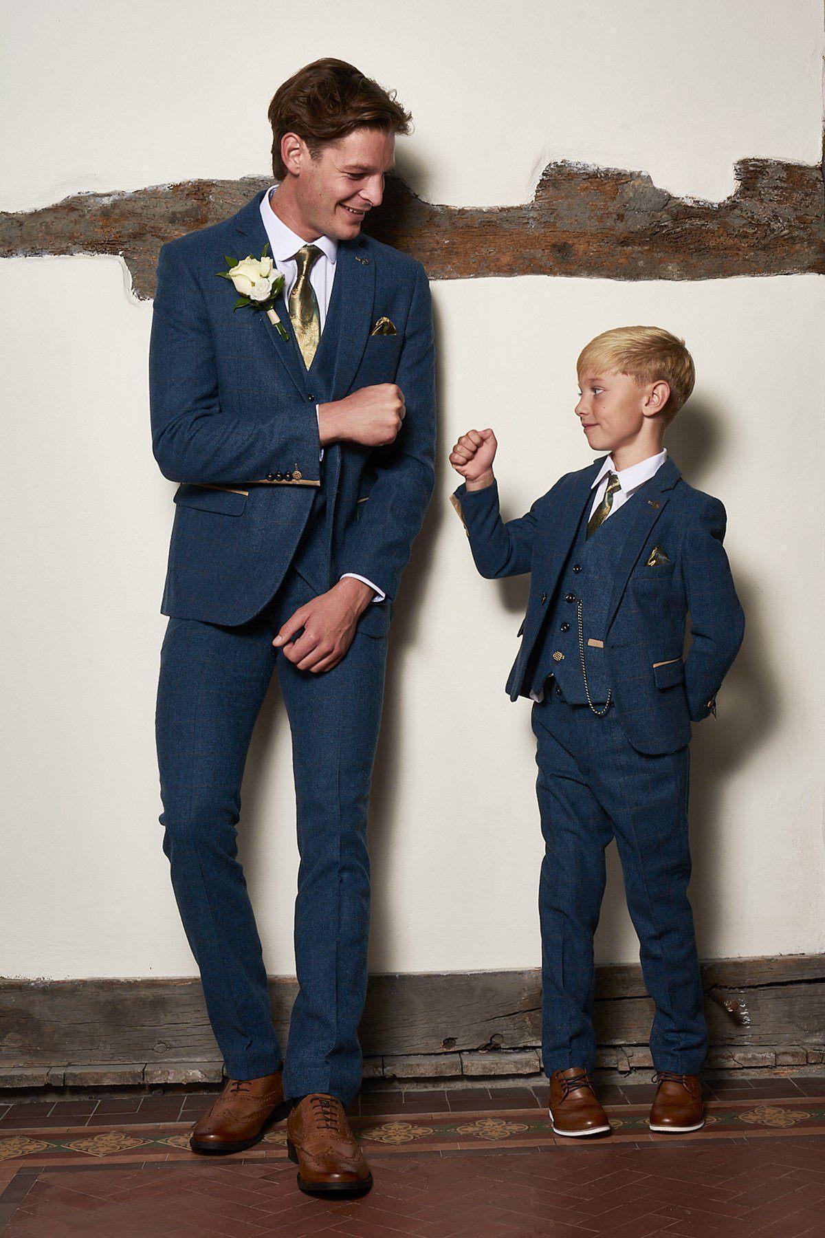 DION Blue Tweed Check Suit Set for Father and Son - Perfect for Weddings, Family Photos & Special Occasions