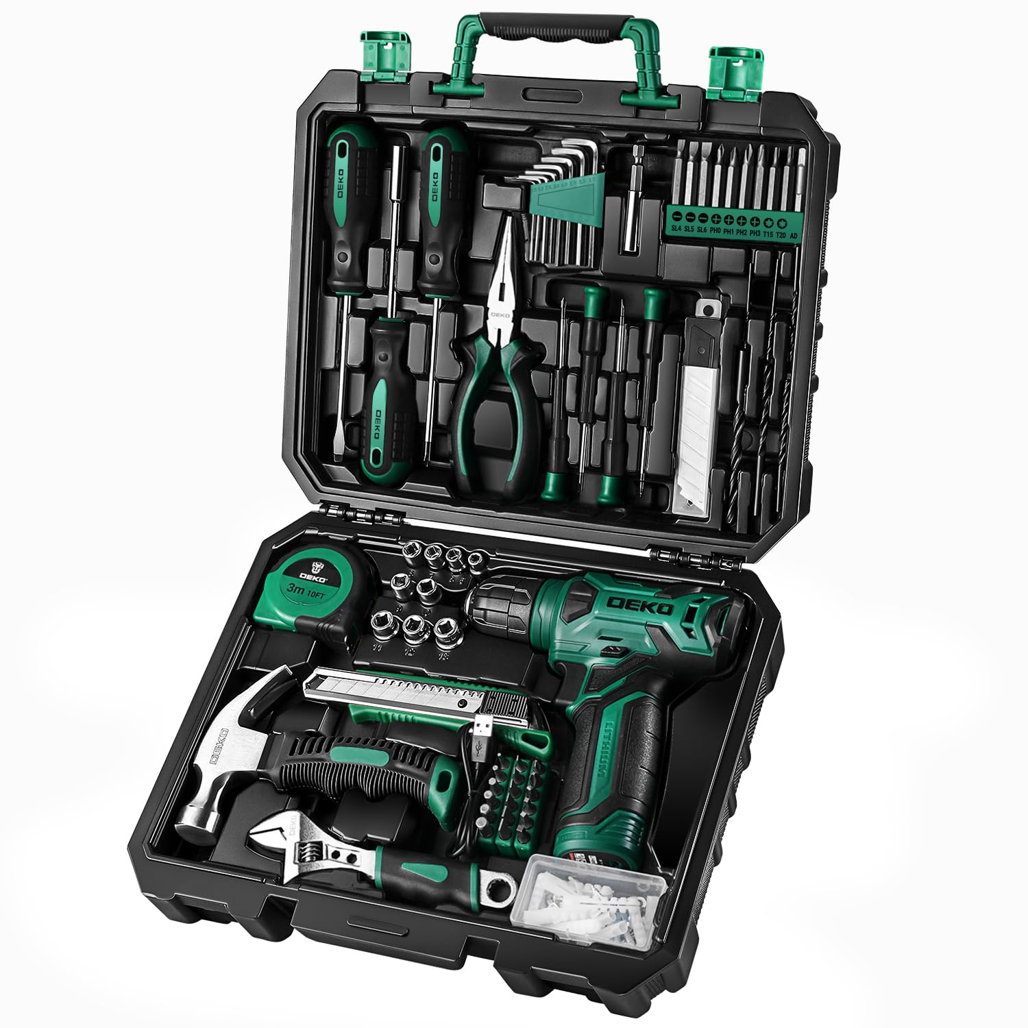 DEKOPRO 8V Cordless Drill Set - 126 Piece Home Tool Kit with Green Drill, Screwdriver Bits & Accessories for DIY Projects, Home Repairs & Women Handymen