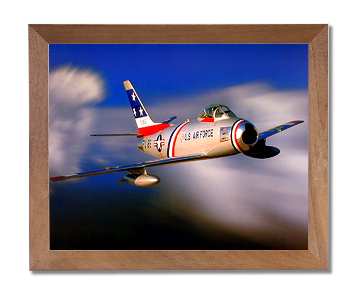 Vintage USAF F-86 Sabre Jet Fighter Aircraft Wall Art - Honey Wood Framed Military Aviation Print | Perfect for Home Office, Man Cave & Aviation Enthusiast Decor