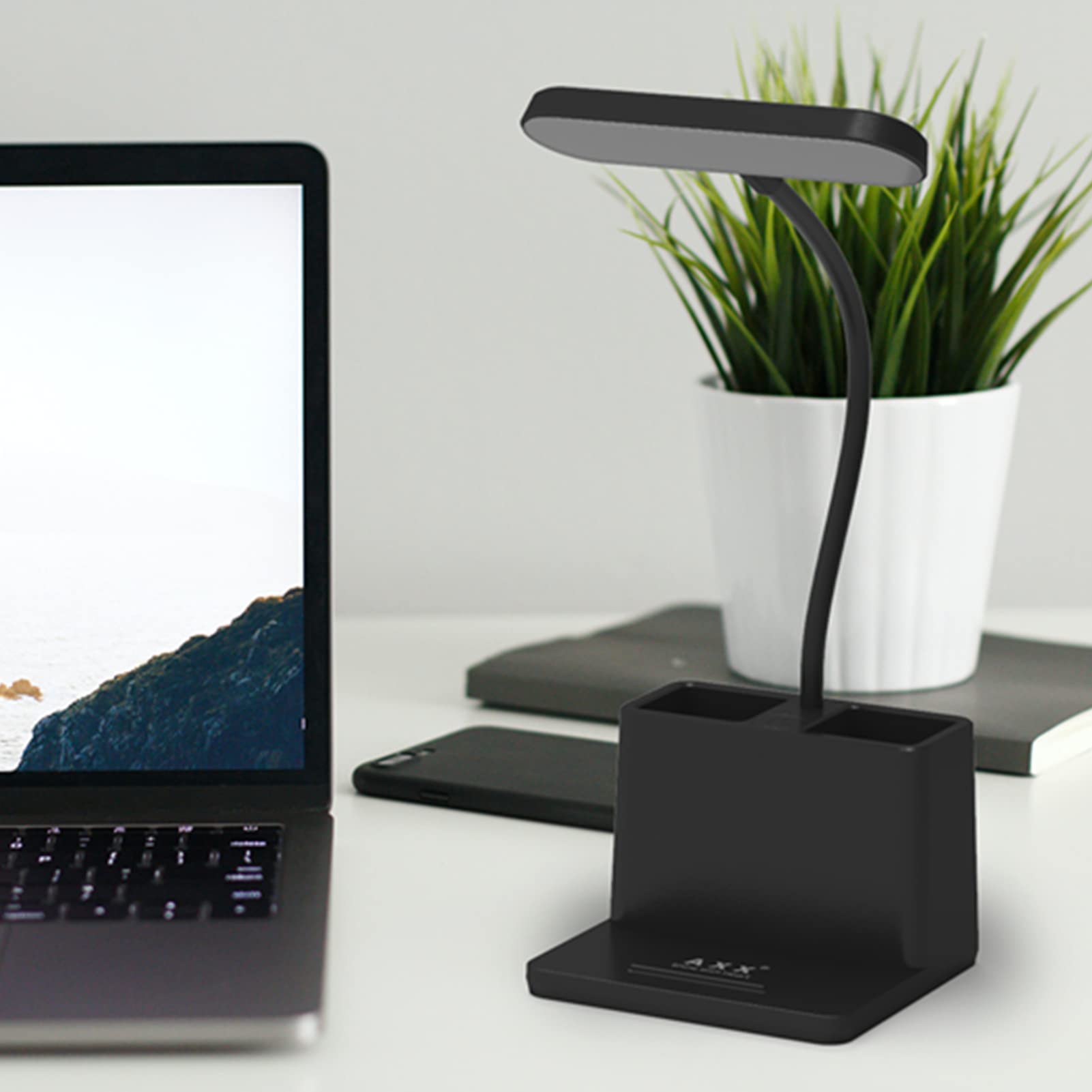 AXX Black LED Desk Lamp - Dimmable Rechargeable Battery Operated Table Light with Flexible Gooseneck, Touch Control, Pen Holder & Phone Mount | Perfect for Home Office, Bedroom, Computer Desktop Study & Reading