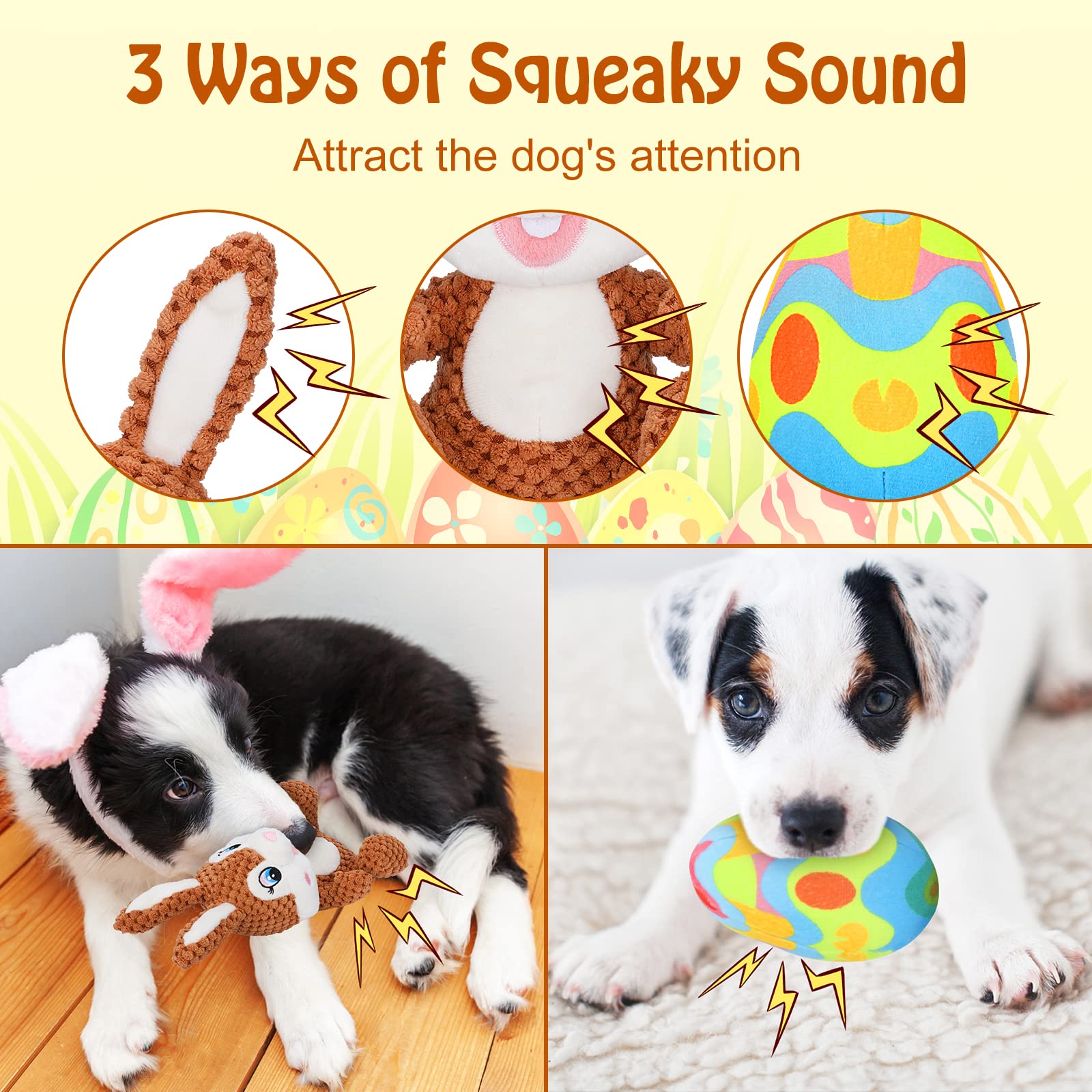 BWOGUE 4PCS Easter Dog Toy Kit - Plush Bunny Egg & Chew Rope Toys with Squeaker and Crinkle Paper for Small Medium Dogs | Teeth Cleaning Chew Toys, Puppy Gifts | Perfect for Easter Playtime, Training Rewards and Interactive Bonding
