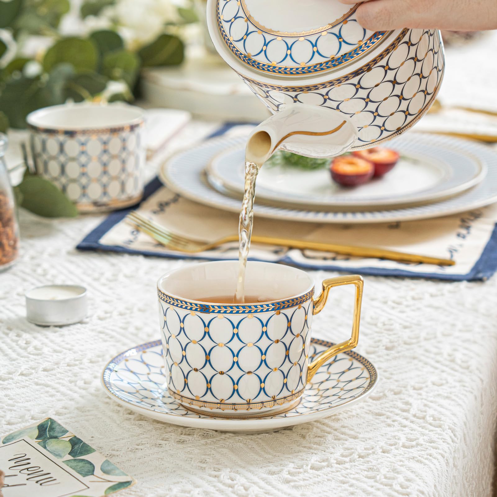 Premium Bone China Tea Cup Set - 15-Piece Elegant Tea Service for 4 with 28oz Teapot, Sugar Bowl, Creamer Pitcher & Spoons - Perfect for Afternoon Tea, Bridal Showers & Housewarming Gifts