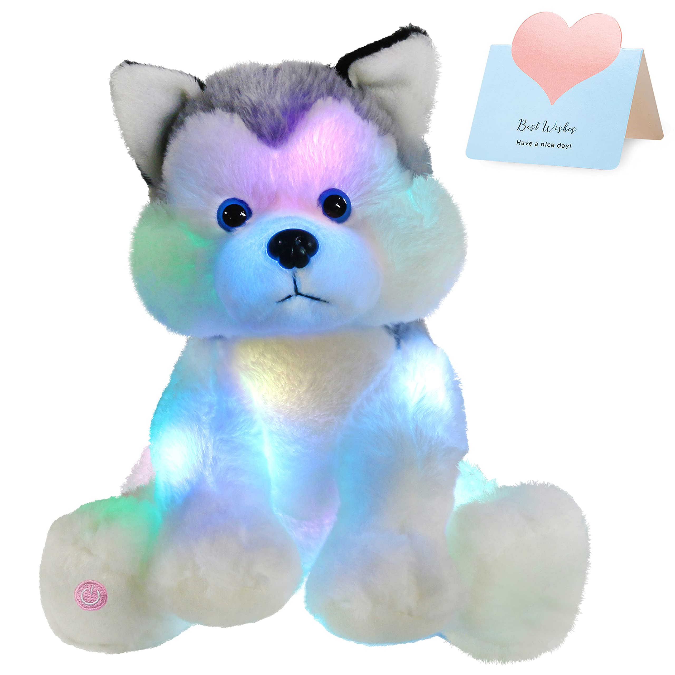 Houwsbaby LED Light Up Husky Stuffed Animal - Glow in The Dark Plush Toy Dog with Floppy Ears, Soft Night Light Pillow for Kids & Toddlers (11