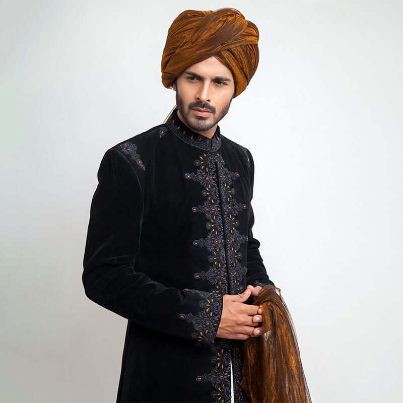 Premium Jet Black Velvet Sherwani for Men - Elegant Form-Fitted Indian Wedding Attire | Perfect for Grooms, Festivals & Special Occasions