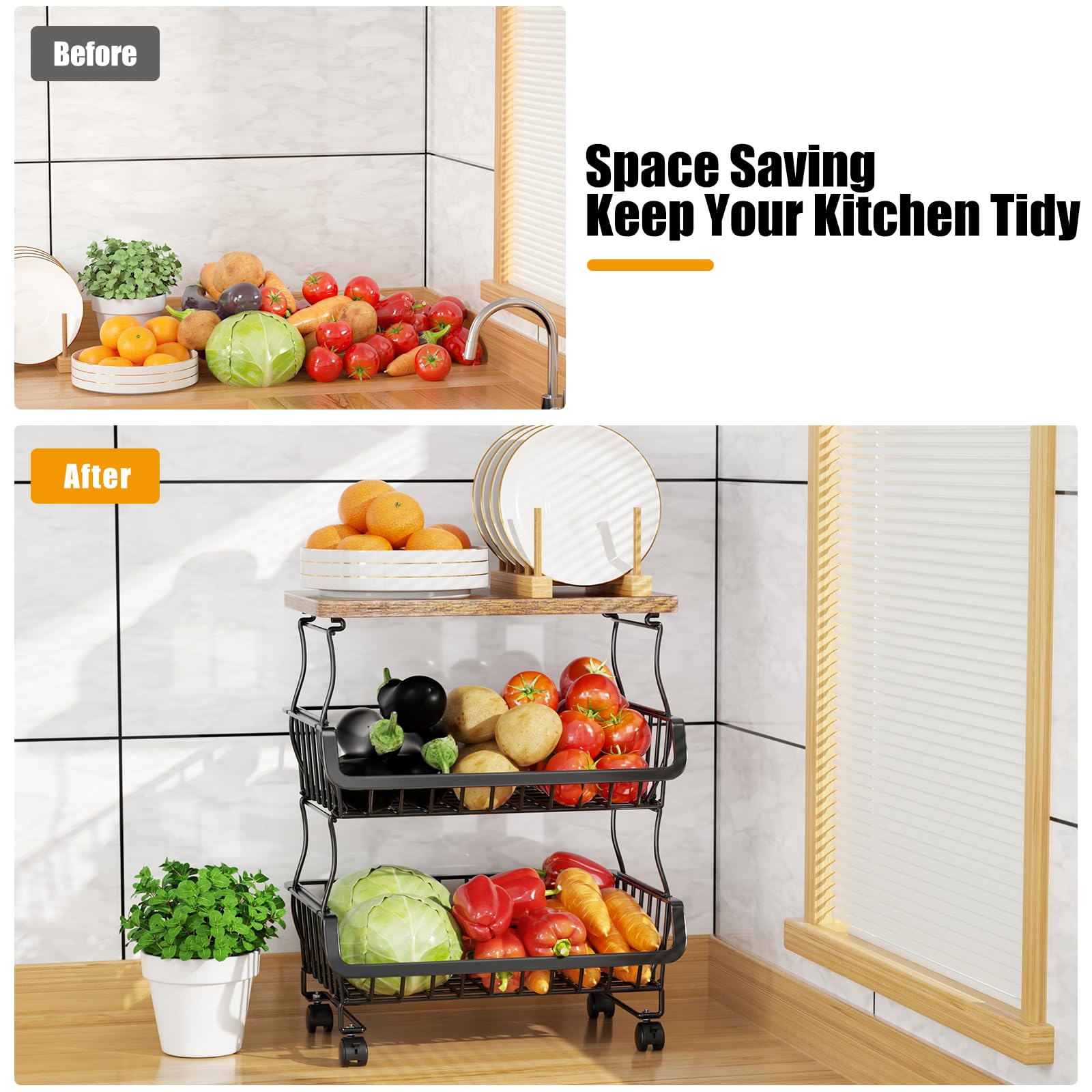 5-Tier Stackable Metal Wire Fruit & Vegetable Storage Basket with Wheels - Kitchen, Pantry & Bathroom Organizer for Fresh Produce, Snacks & Toiletries | Perfect for Home, Office & Dorm Organization
